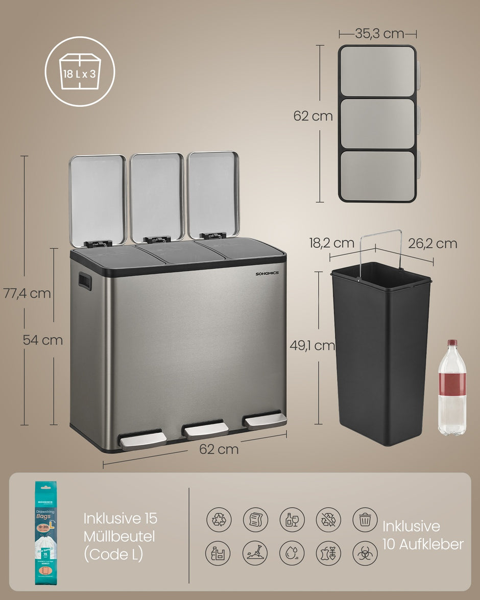 Afvalbak - 62 x 35,3 x 54 cm - 3 x 18 liter - Afvalscheidingssysteem met 3 compartimenten - Roestvrij staal - Zilver - Uitneembare binnenemmers - Soft-close deksel