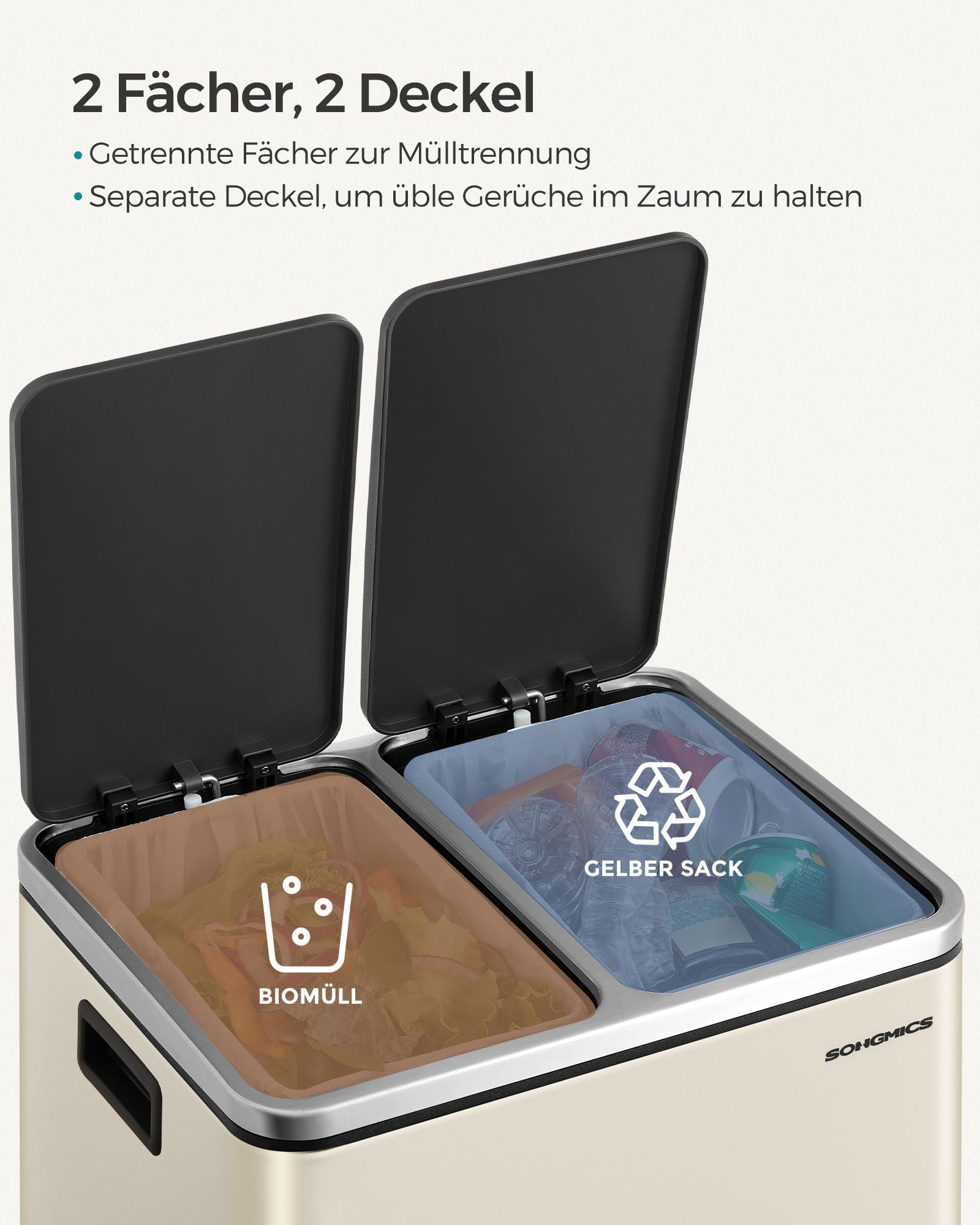 Avfallsbink - skräpfack med avfallsseparation - 2 x 15 L - Softclose - Svart