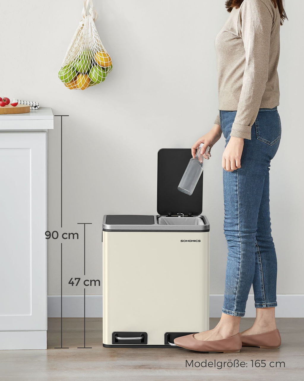 Avfallsseparationssystem-3 fack-3 x 18 L-lock-sand-beige-bläcksvart
