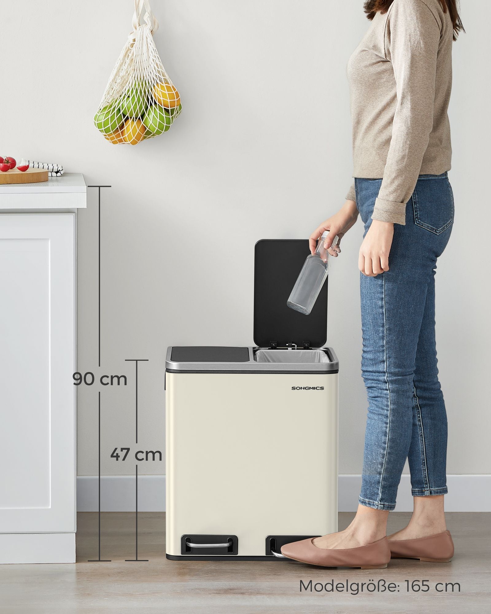 Avfallsseparationssystem-3 fack-3 x 18 L-lock-sand-beige-bläcksvart