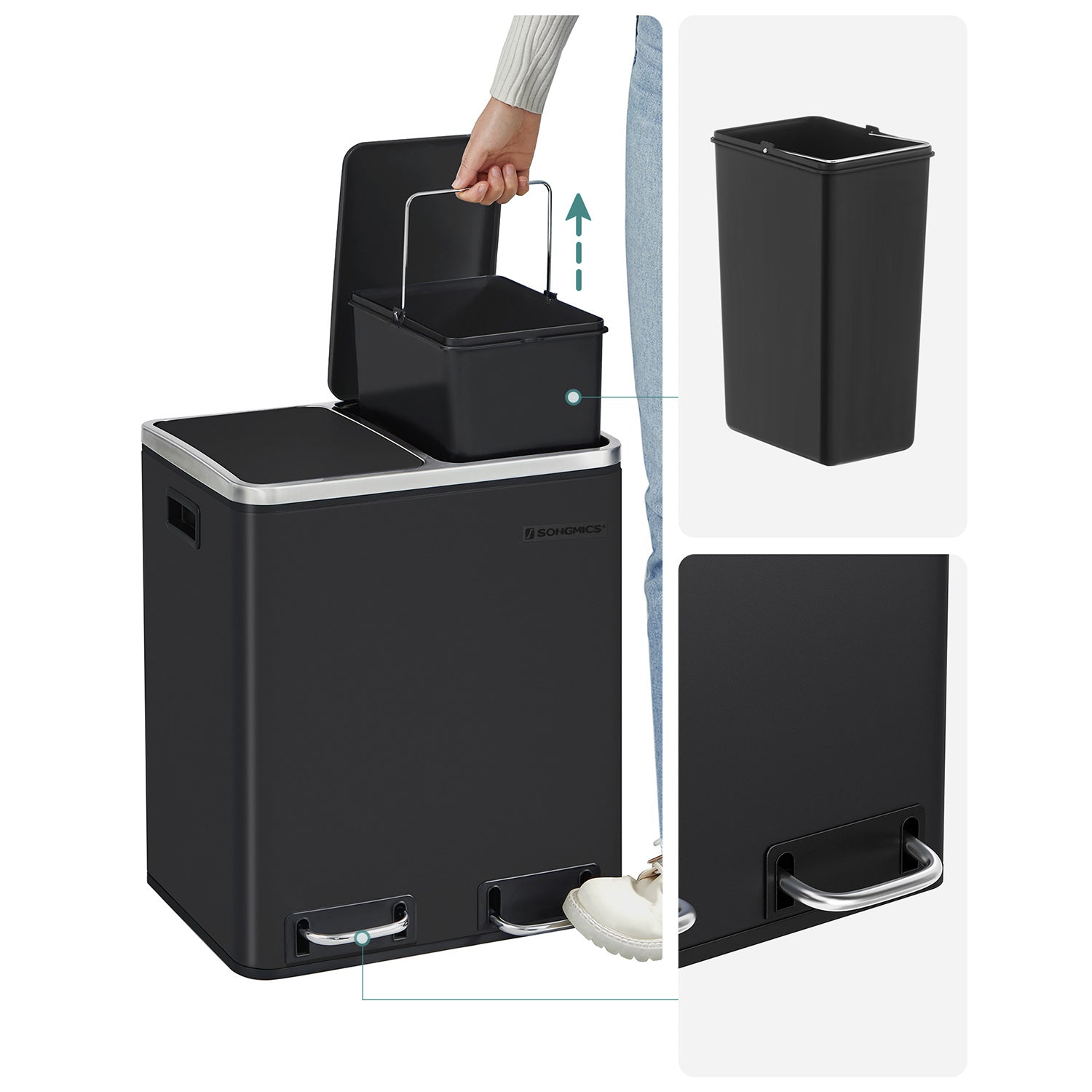 Avfallsbink - skräpfack med avfallsseparation - 2 x 15 L - Softclose - Svart