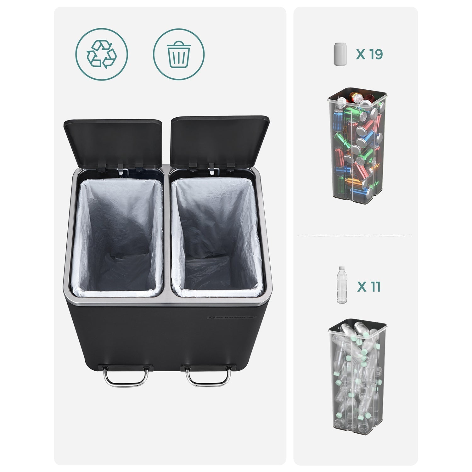 Avfallsbink - skräpfack med avfallsseparation - 2 x 15 L - Softclose - Svart
