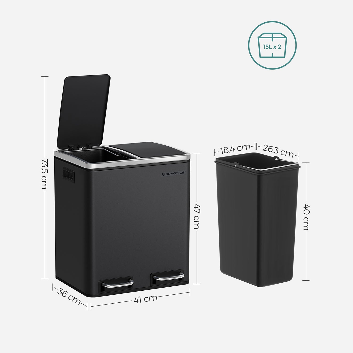 Avfallsbink - skräpfack med avfallsseparation - 2 x 15 L - Softclose - Svart