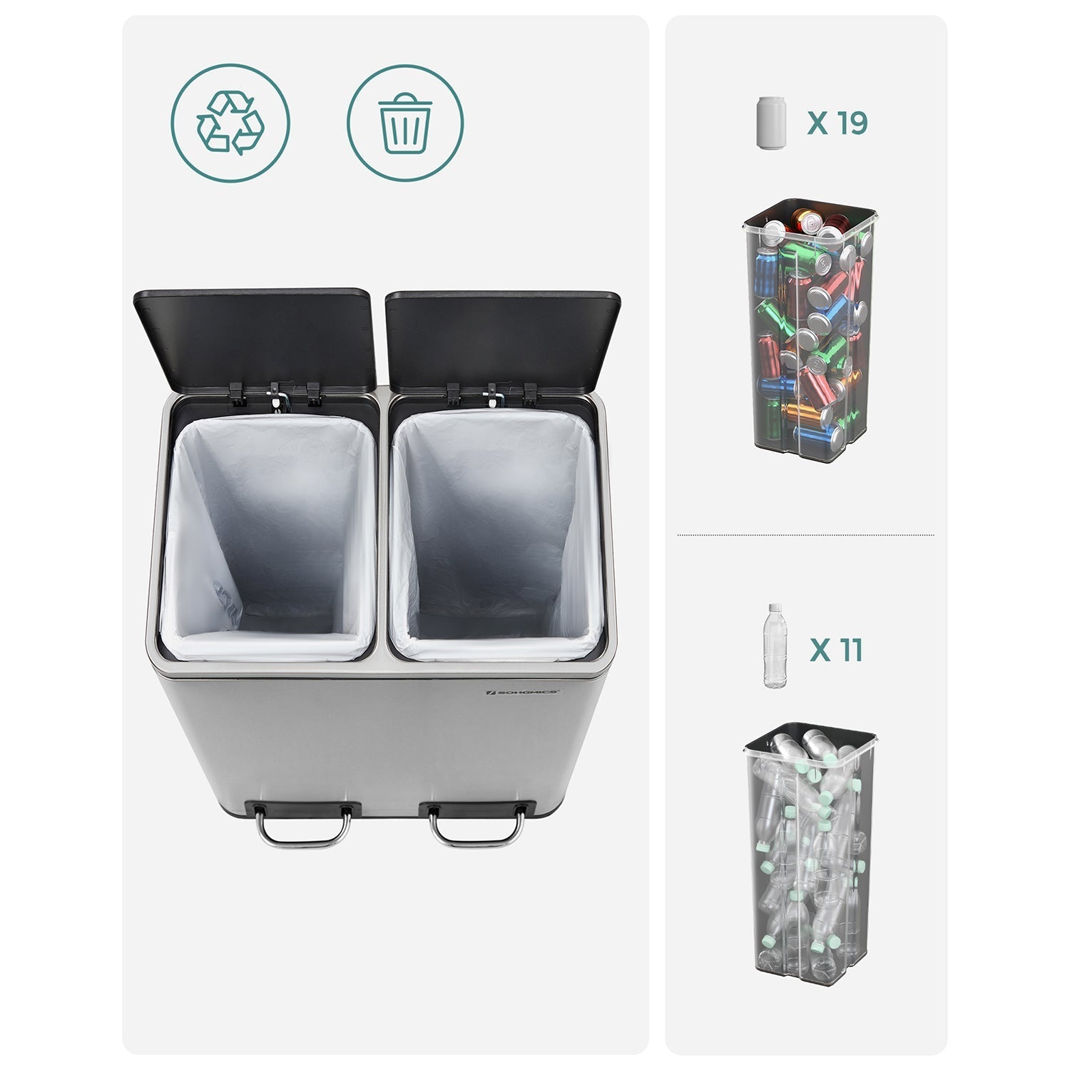 Avfallsbink - pedal - 2 inre lådor - rostfritt stål - 2 x 15 l - silver