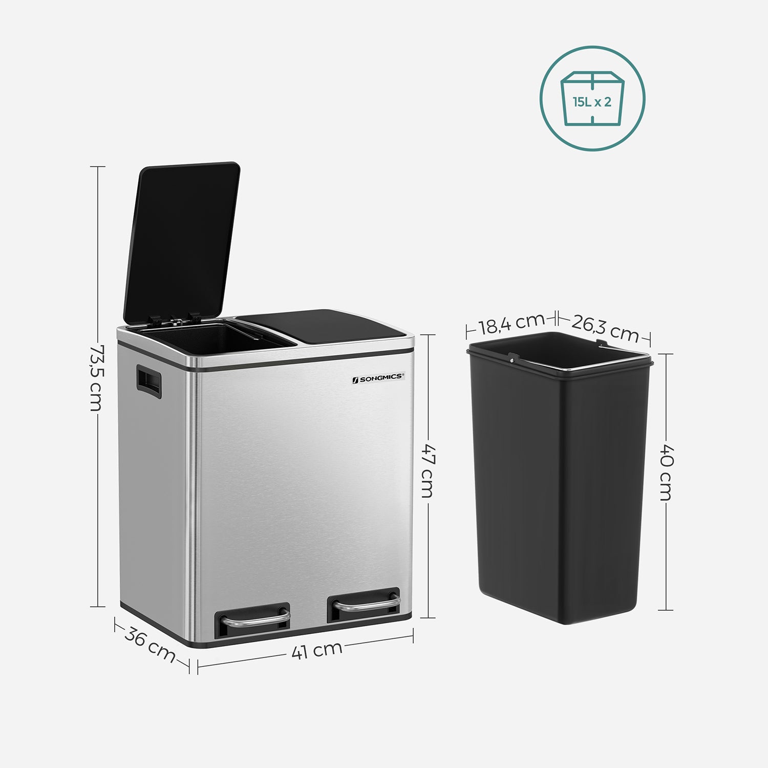 Avfallsbink - pedal - 2 inre lådor - rostfritt stål - 2 x 15 l - silver