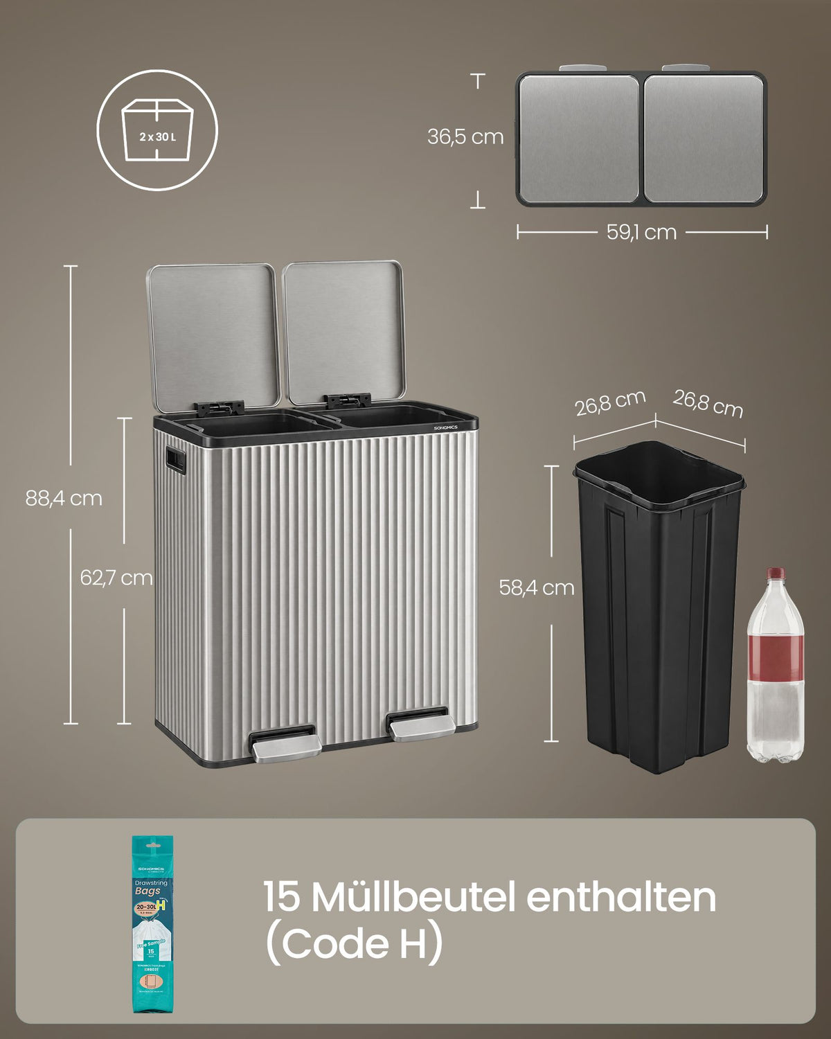 Afvalscheidingssysteem – 2 x 30 L – Staal – Soft-Close Deksel – Zilver