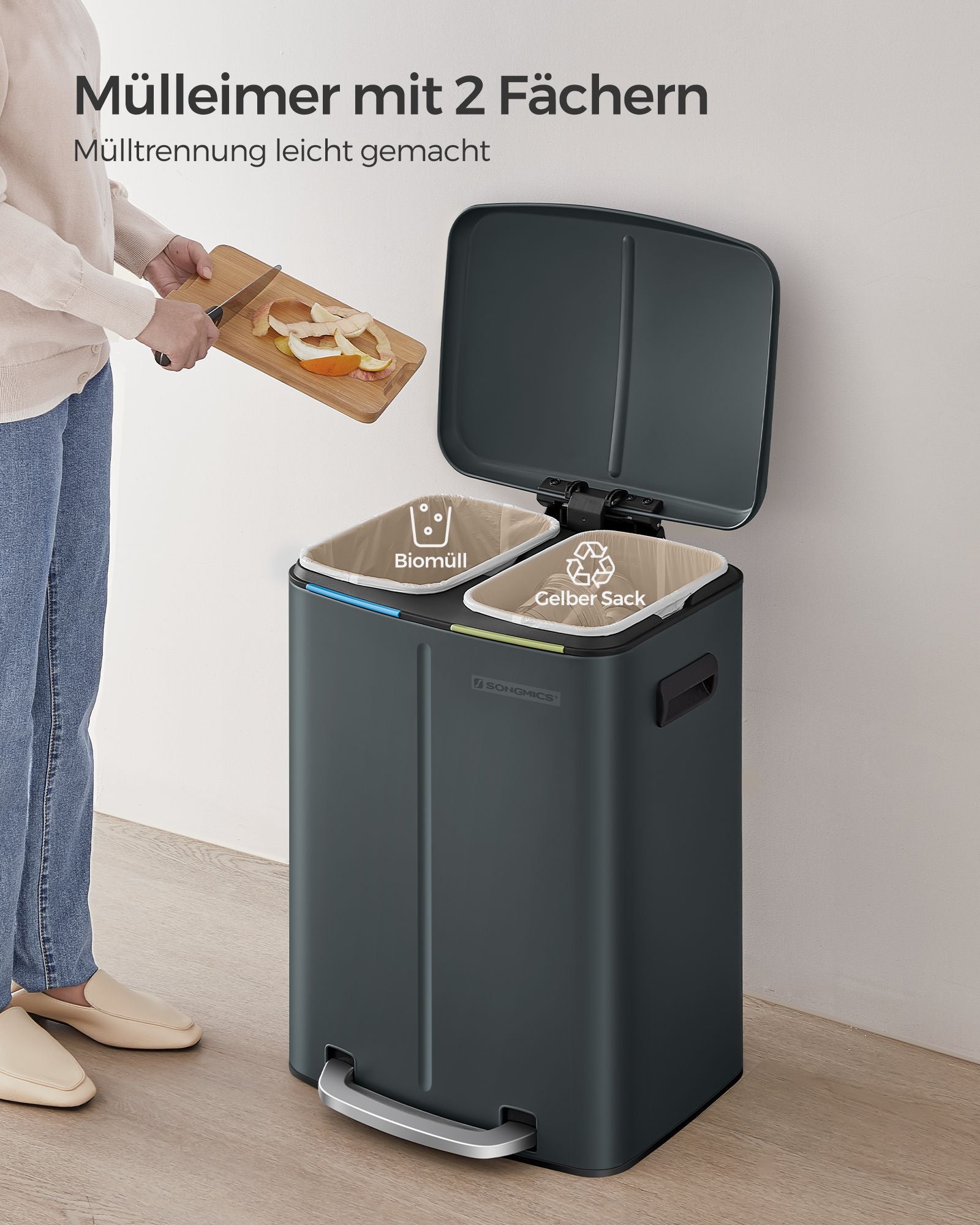 Kök Prullen Bin - 2 × 20 L - med mjukt nära lock - Gröngrå