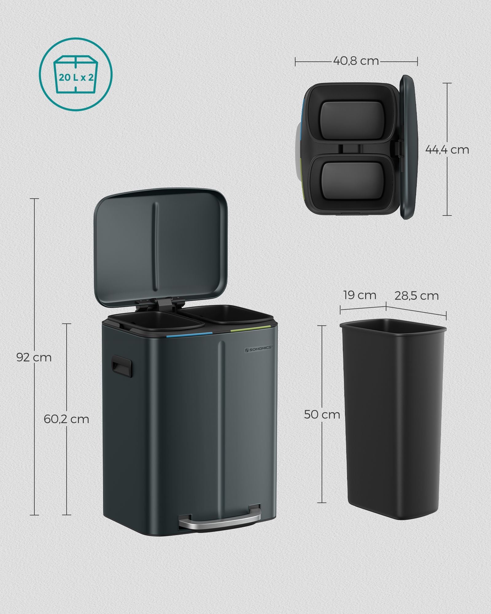 Kök Prullen Bin - 2 × 20 L - med mjukt nära lock - Gröngrå