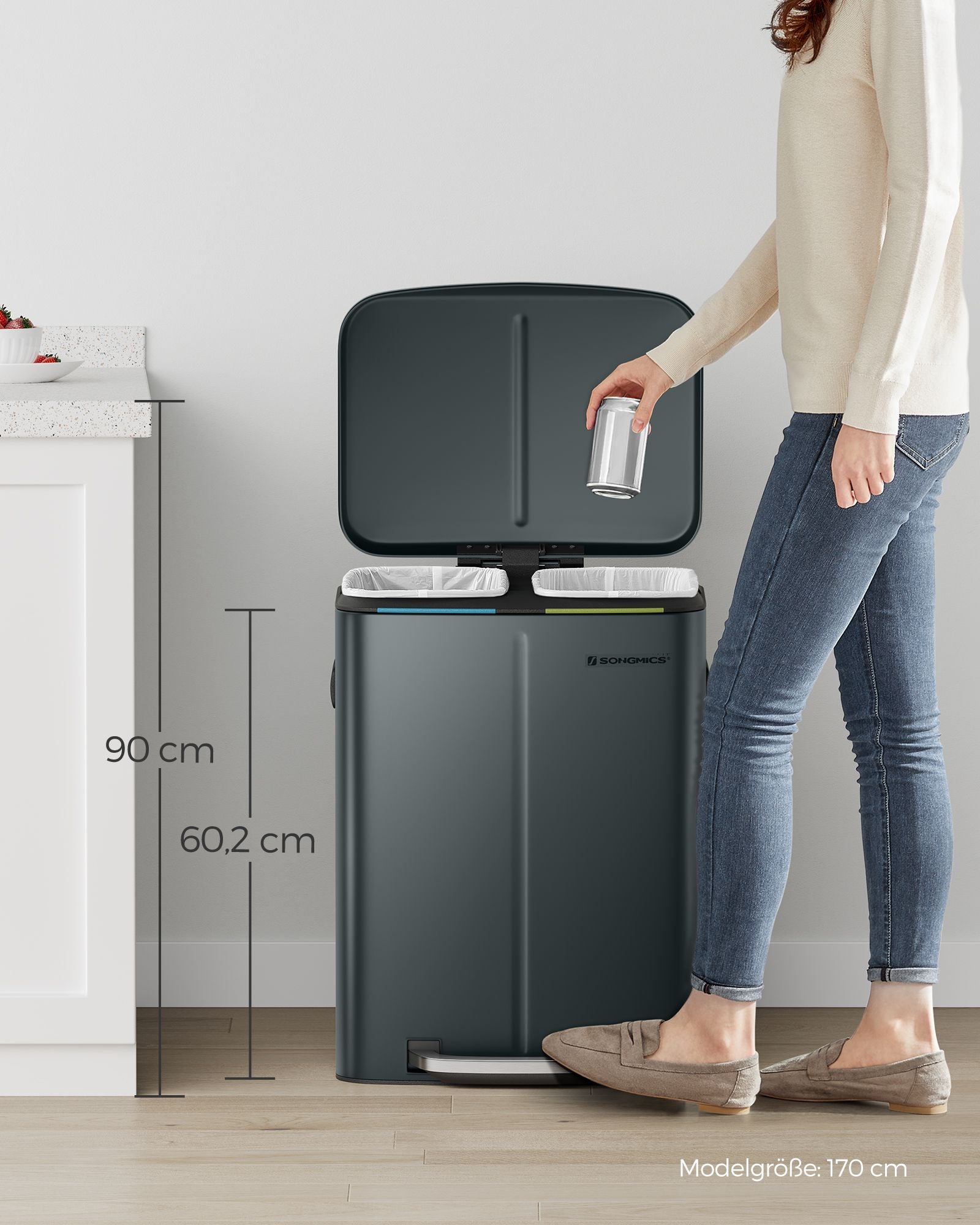 Kök Prullen Bin - 2 × 20 L - med mjukt nära lock - Gröngrå