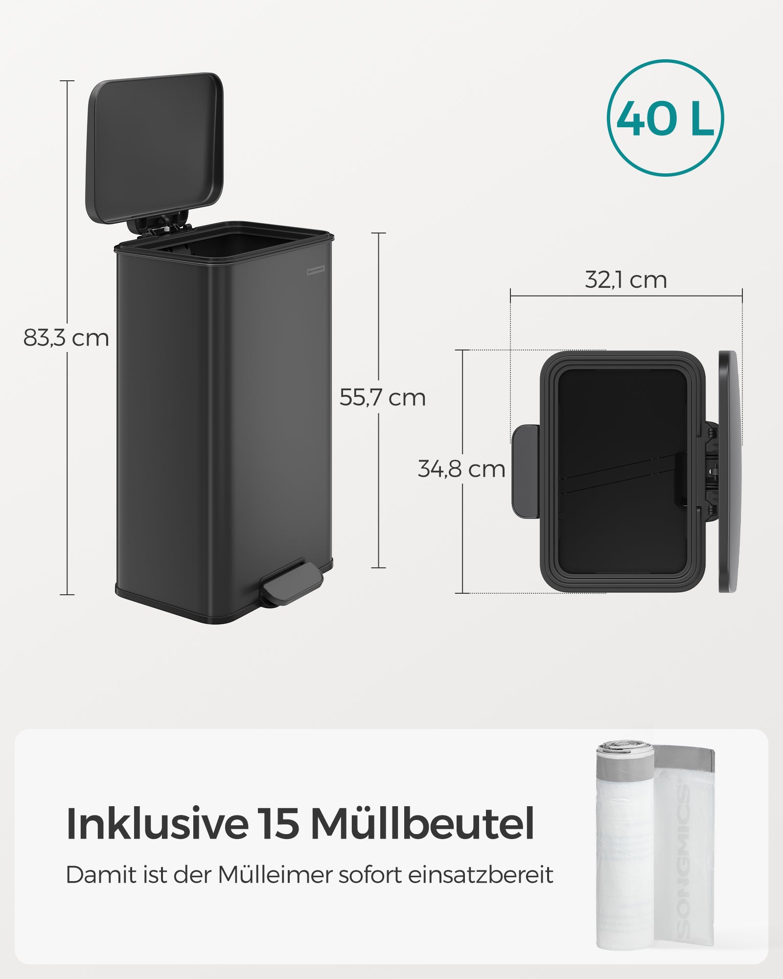 Pedalsoptunna – 40 liter – stål – svart