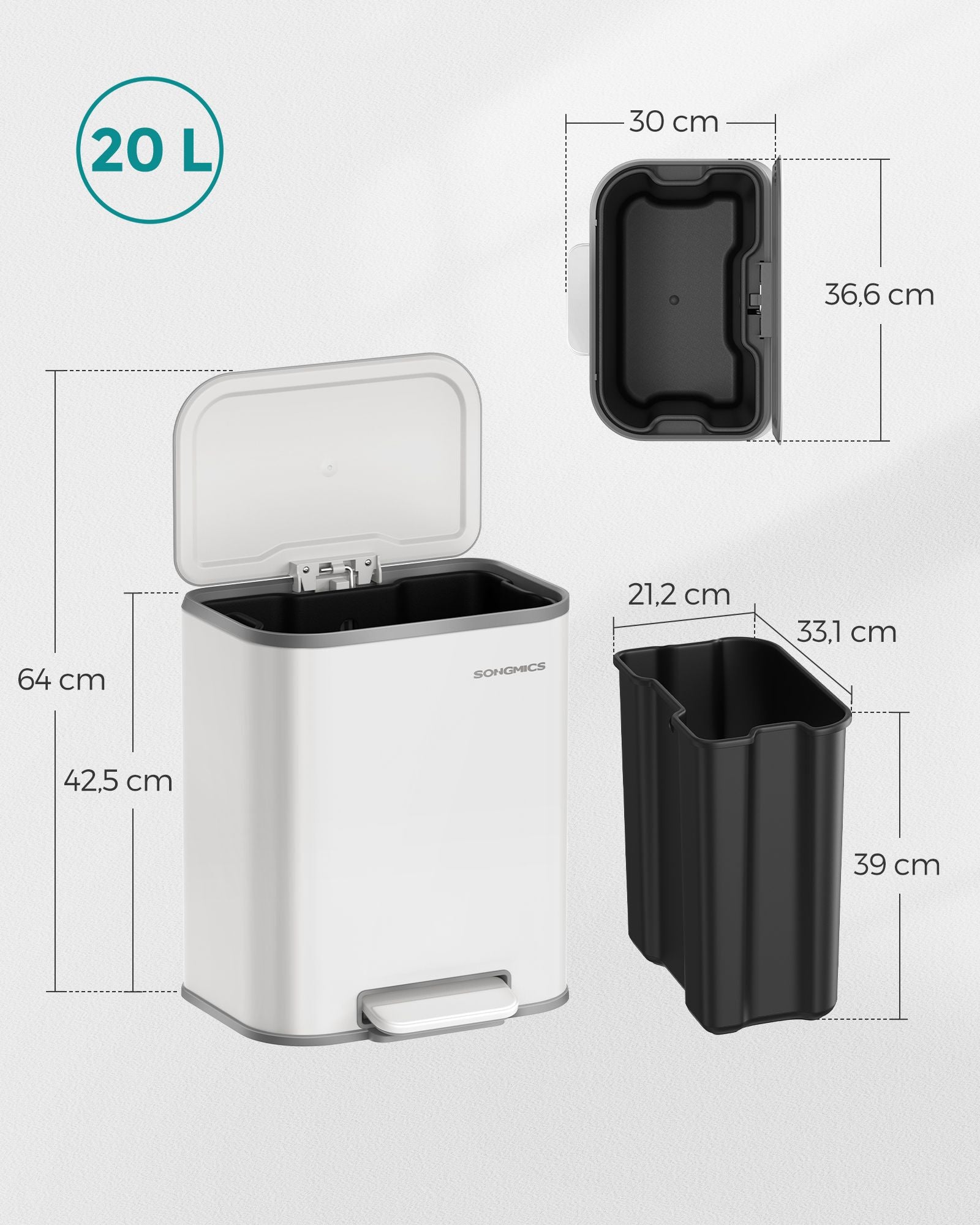 Sopkärl – 20 liter – med lock – molnvit