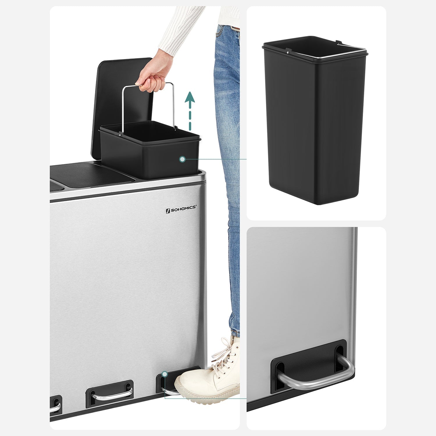 Sopor - avfallsseparation - 3 inre hinkar - 54 liter - silver