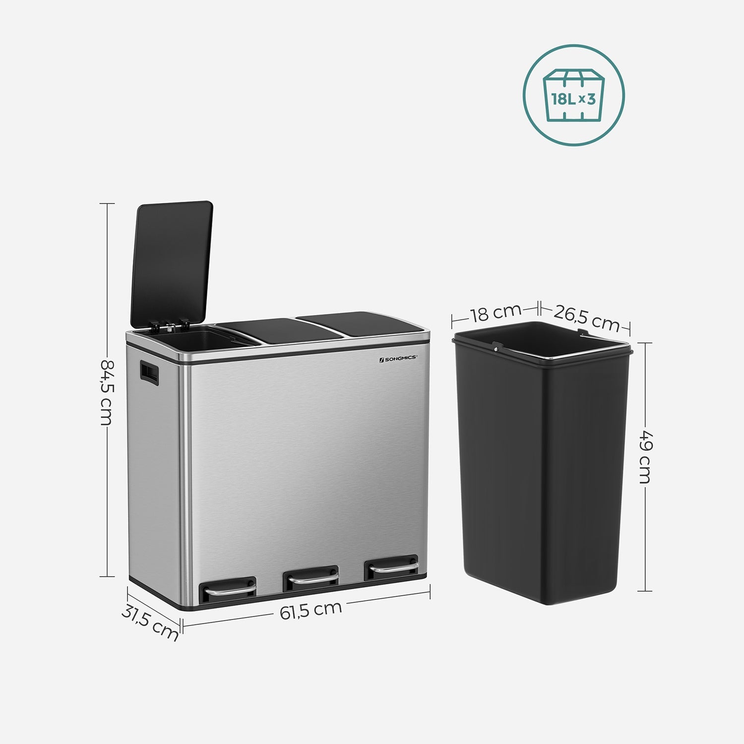 Sopor - avfallsseparation - 3 inre hinkar - 54 liter - silver