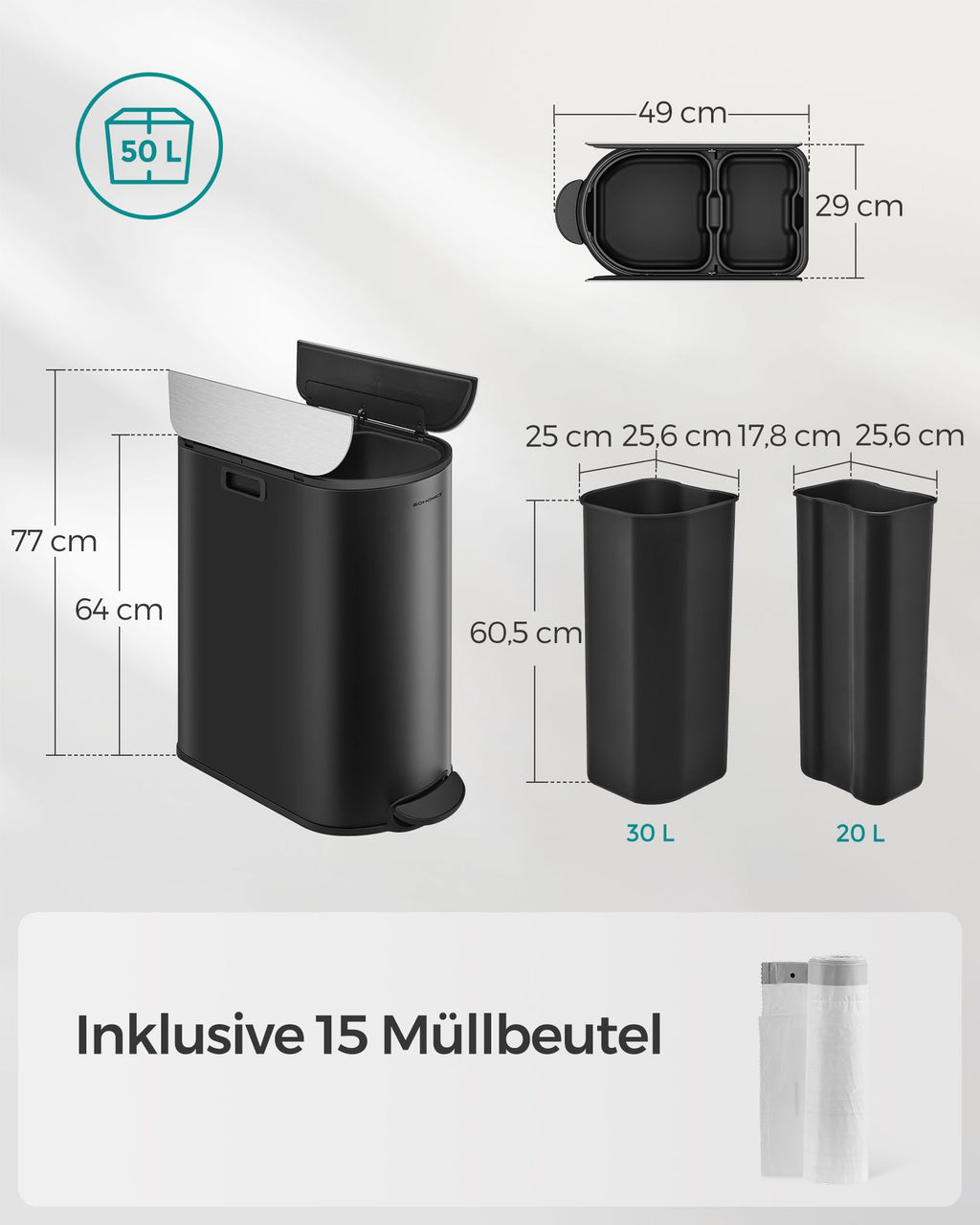 Avfallsseparationssystem - 2 fack - 30 L och 20 L