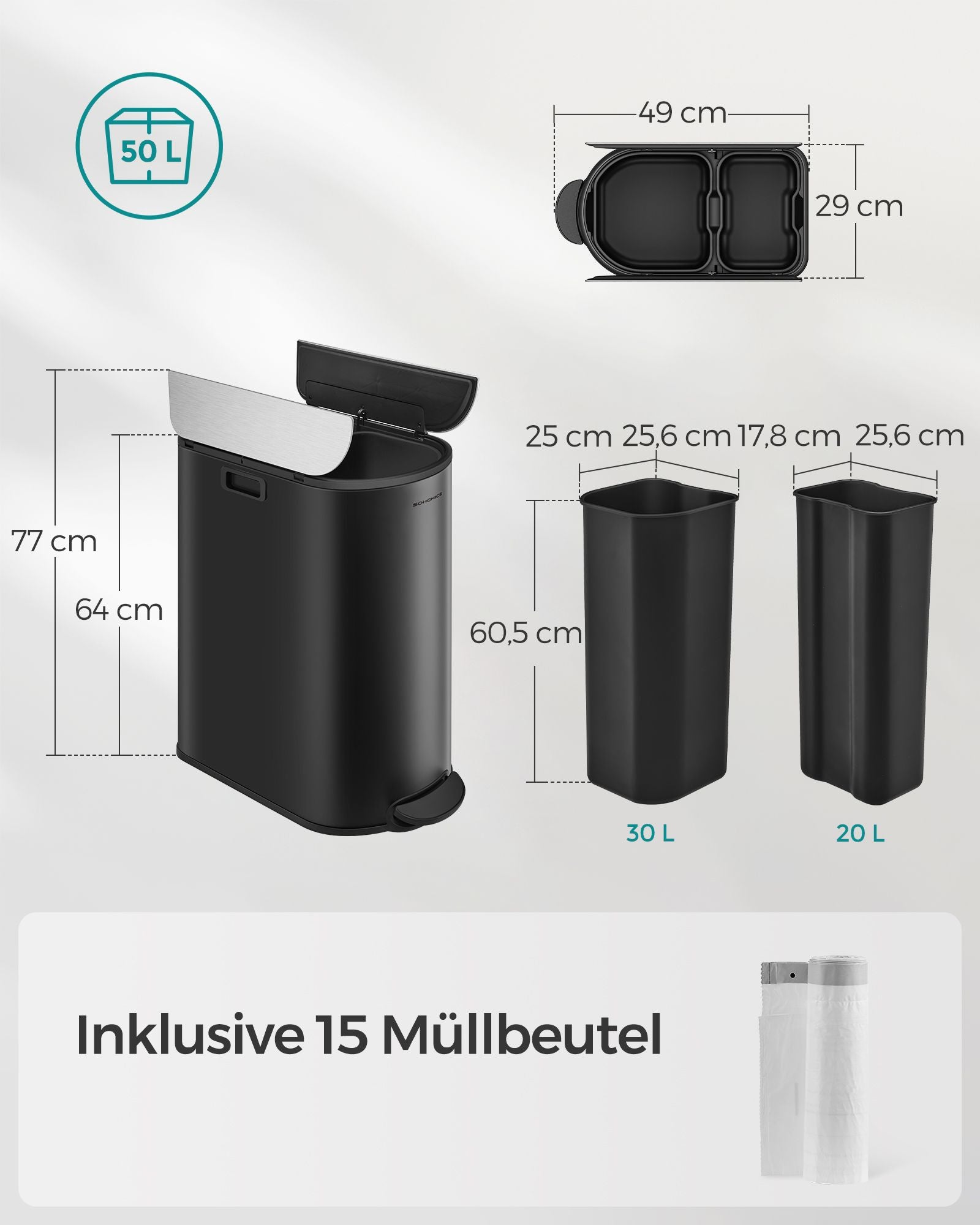 Avfallsseparationssystem - 2 fack - 30 L och 20 L