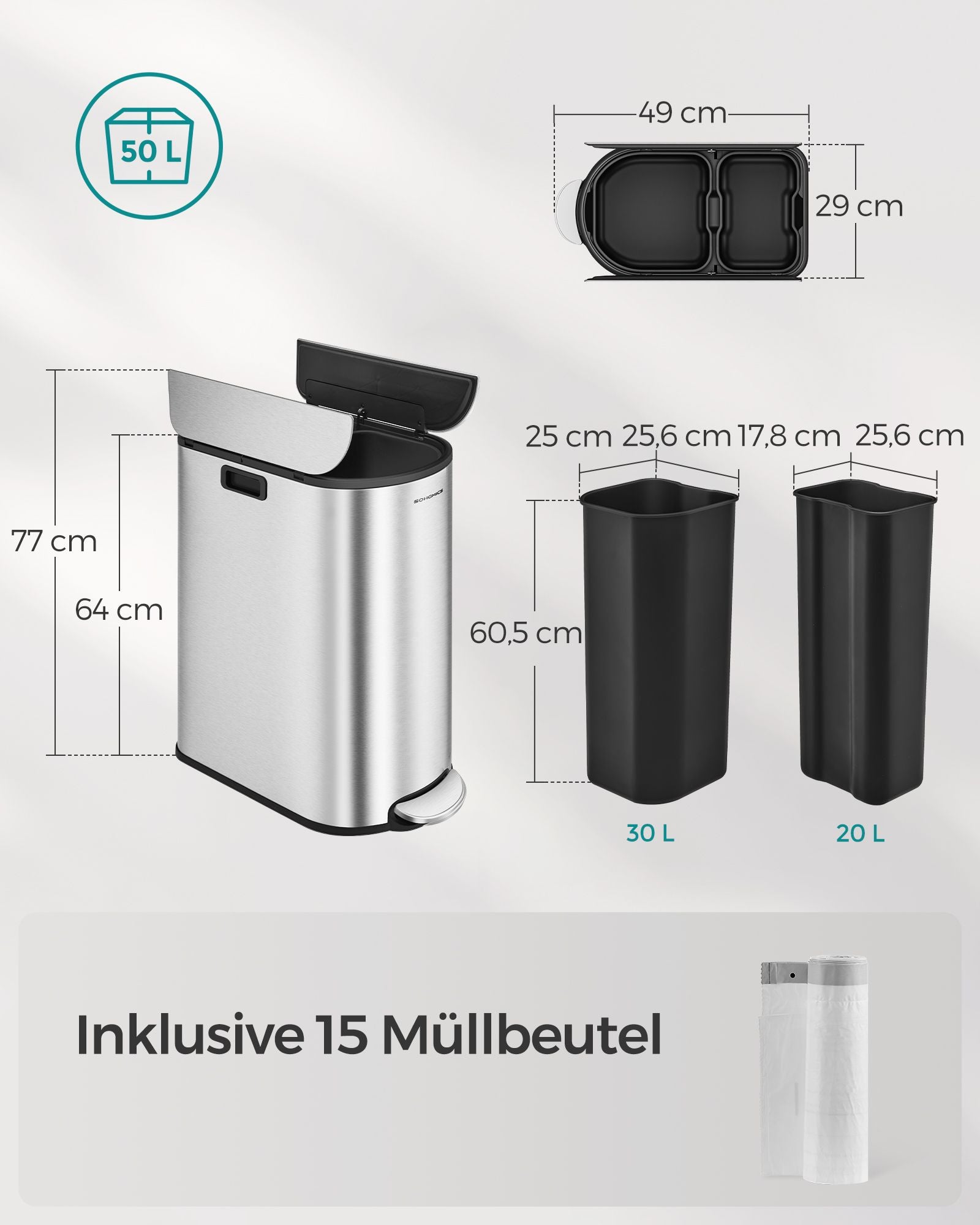 Avfallsseparationssystem - med 2 fack - Metalliskt silver