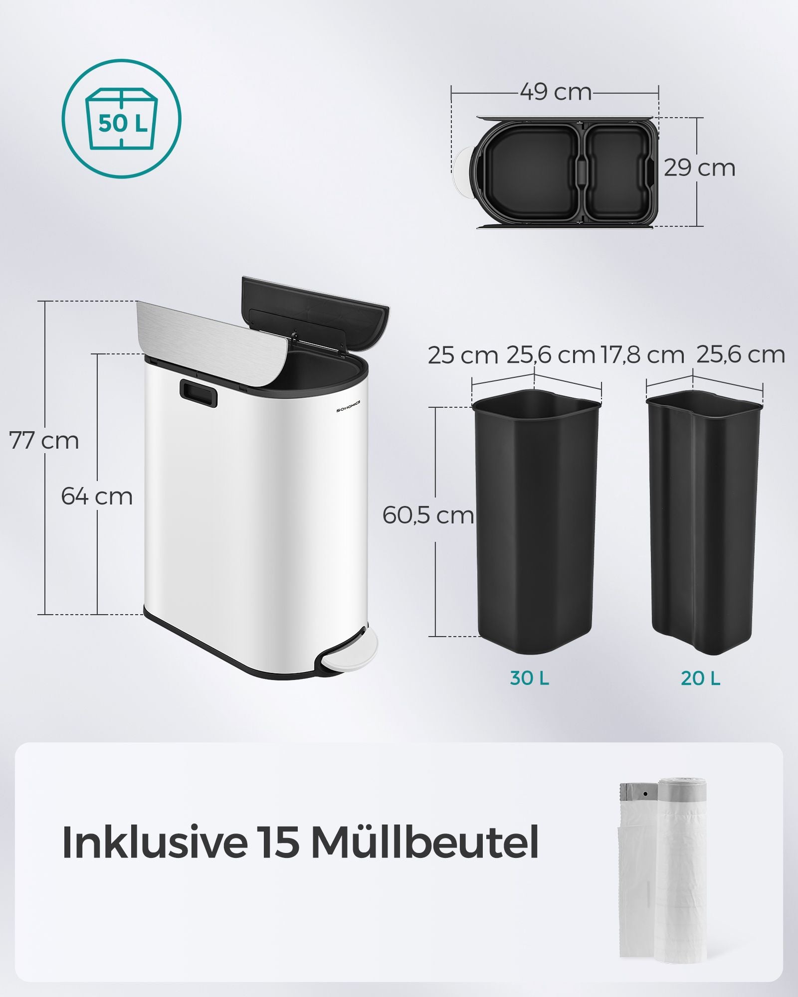 Avfallsseparationssystem med 2 fack-wolkwit-metalliskt silver
