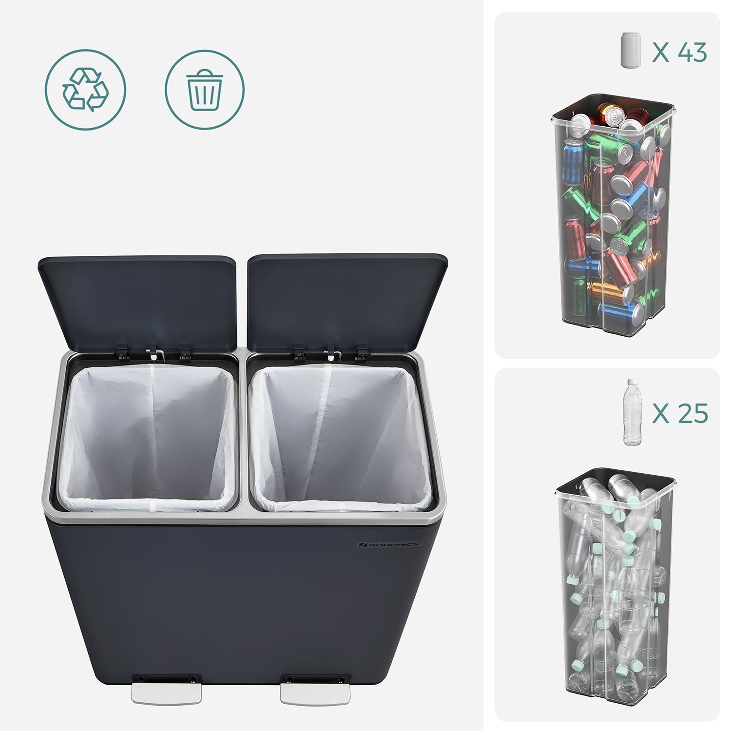 Avfallsbink - pedalfack med 2 inre hinkar i plast - 2 x 30 L - grå