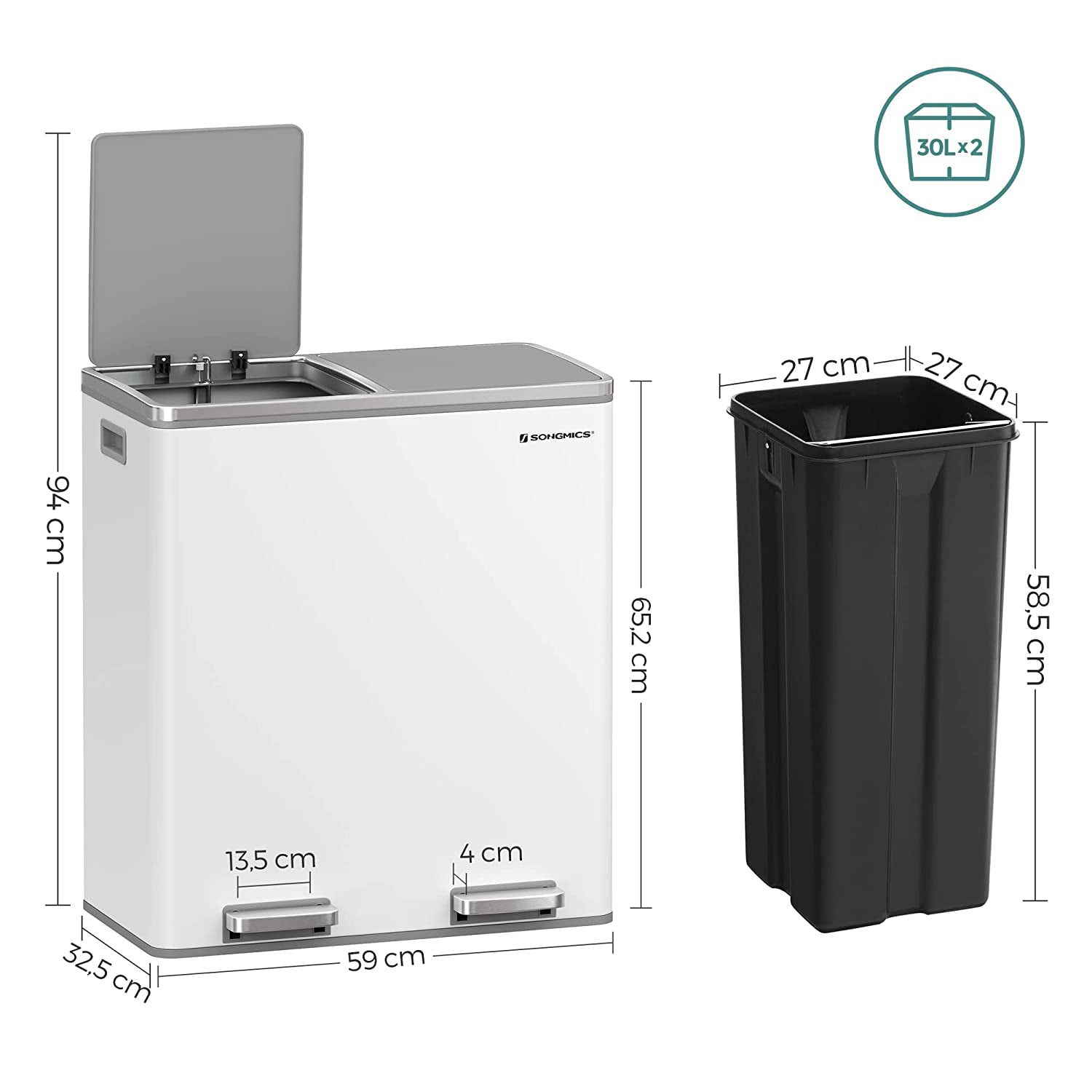 Avfallsbink - med 2 kurser - 2 x 30 L - Softclose - Pedal - White