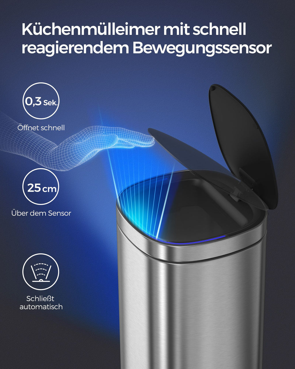 Skräpfack - med rörelsessensor - kök - 50 L - silver