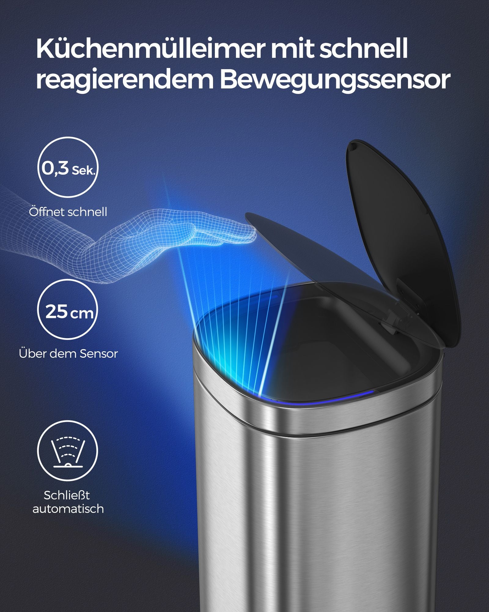 Skräpfack - med rörelsessensor - kök - 50 L - silver