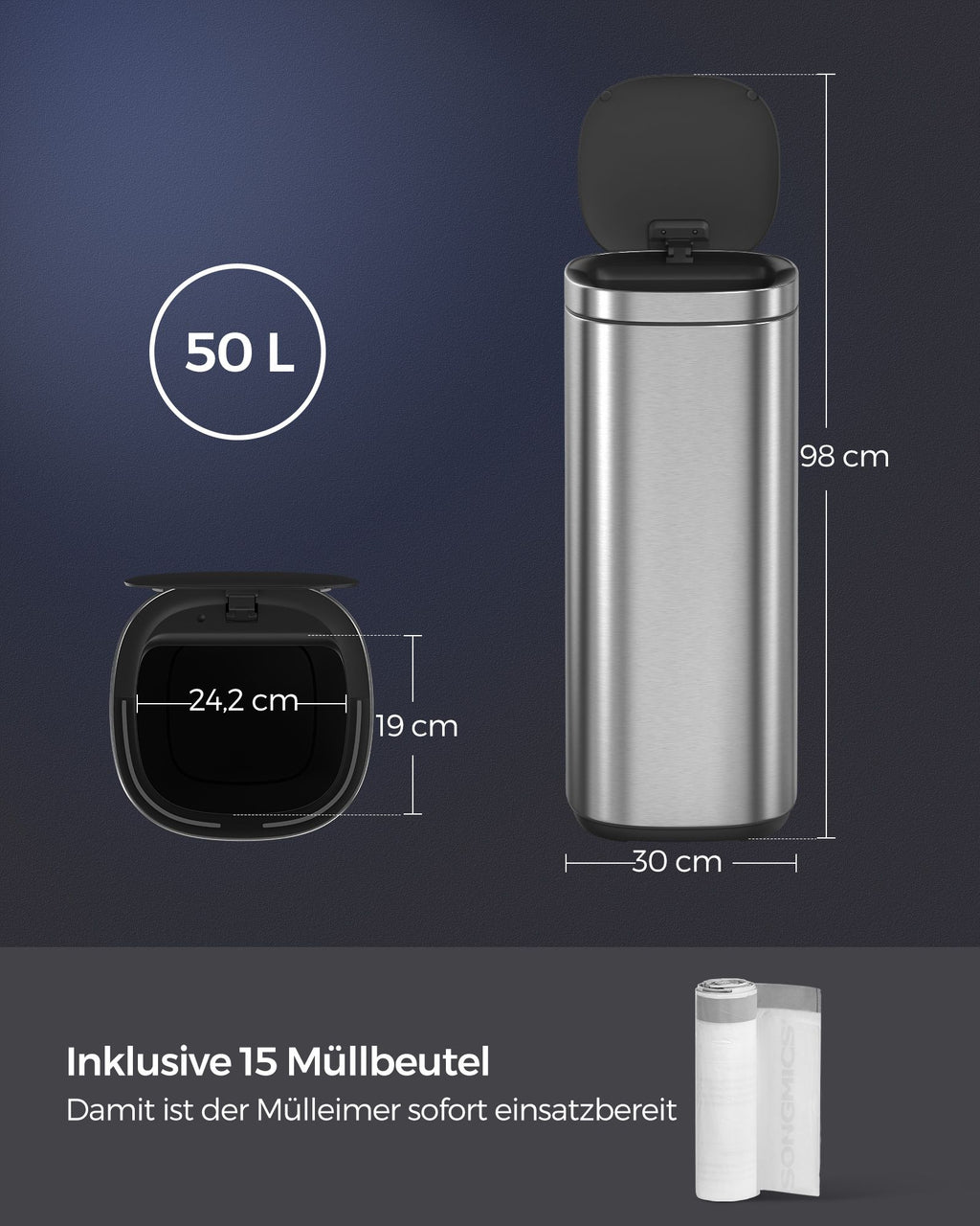 Skräpfack - med rörelsessensor - kök - 50 L - silver