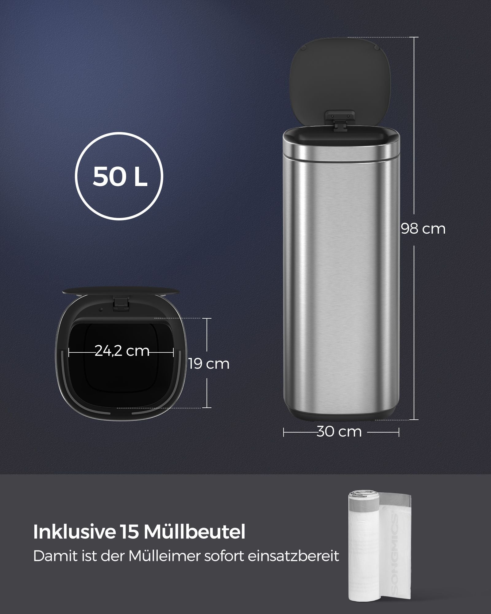 Skräpfack - med rörelsessensor - kök - 50 L - silver