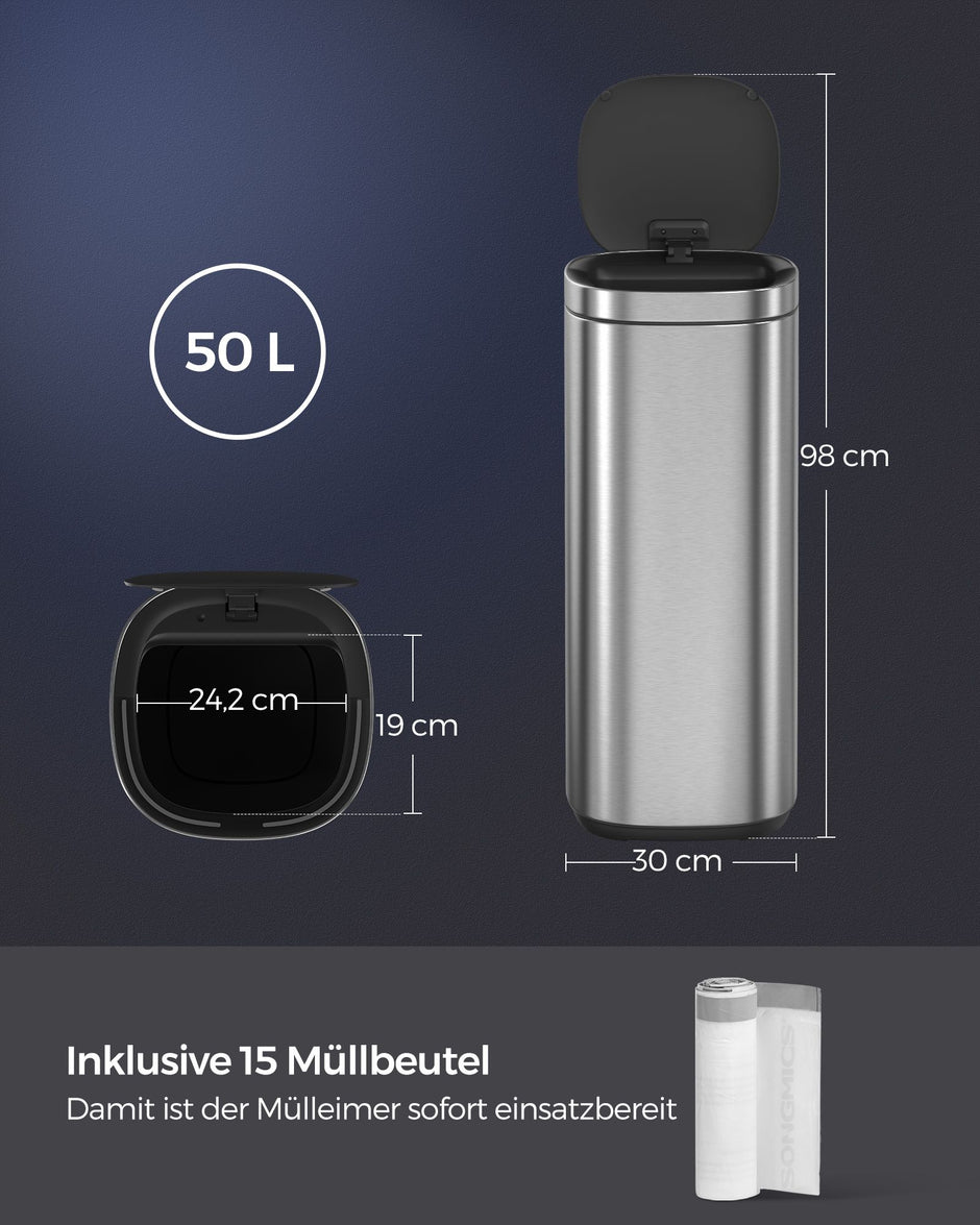 Soptunna med rörelsesensor 50 L silver