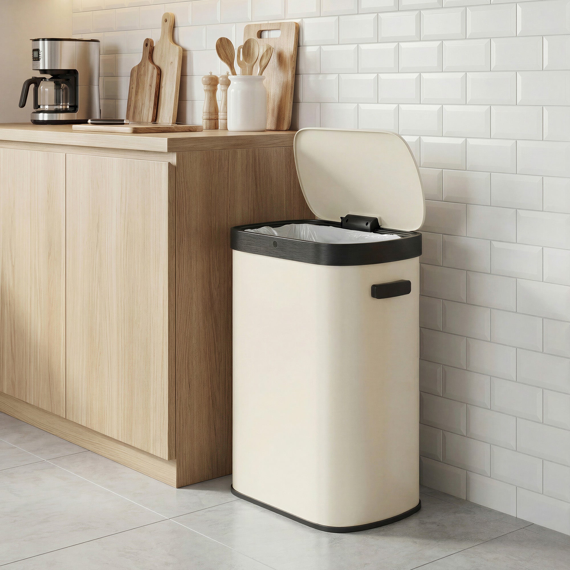 Sensor Prullenbak - 50 Liter - Soft-Close Deksel - Staal - Crème
