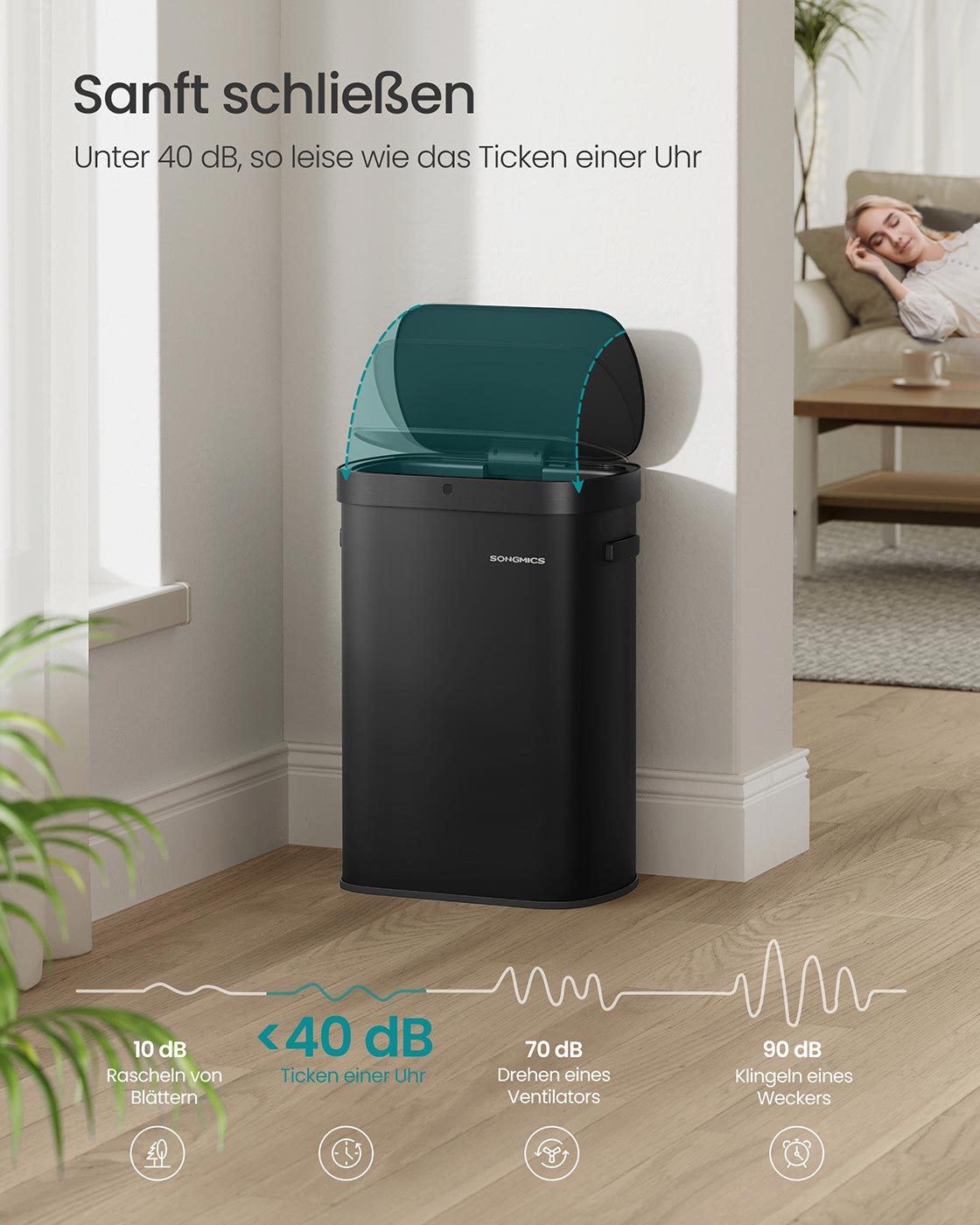 Papperskorgen – Automatisk med mjukstängande lock – Stål – Ink Black