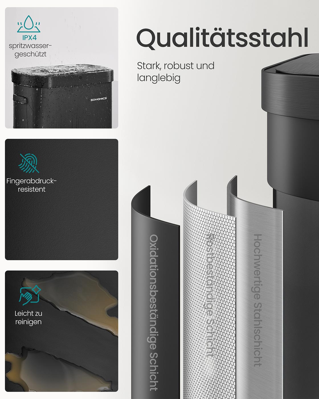 Papperskorgen – Automatisk med mjukstängande lock – Stål – Ink Black