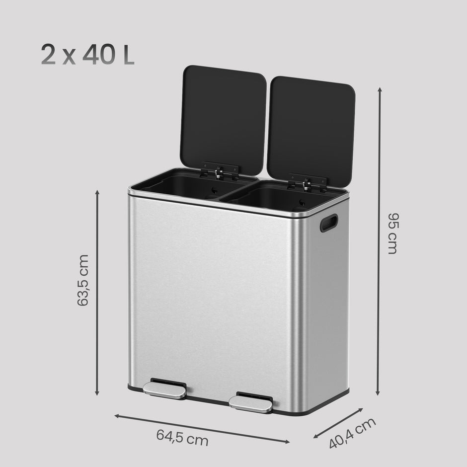 Pedaalemmer - 2 x 40 Liter - Afvalscheiding - Roestvrij Staal - Zilver-Zwart