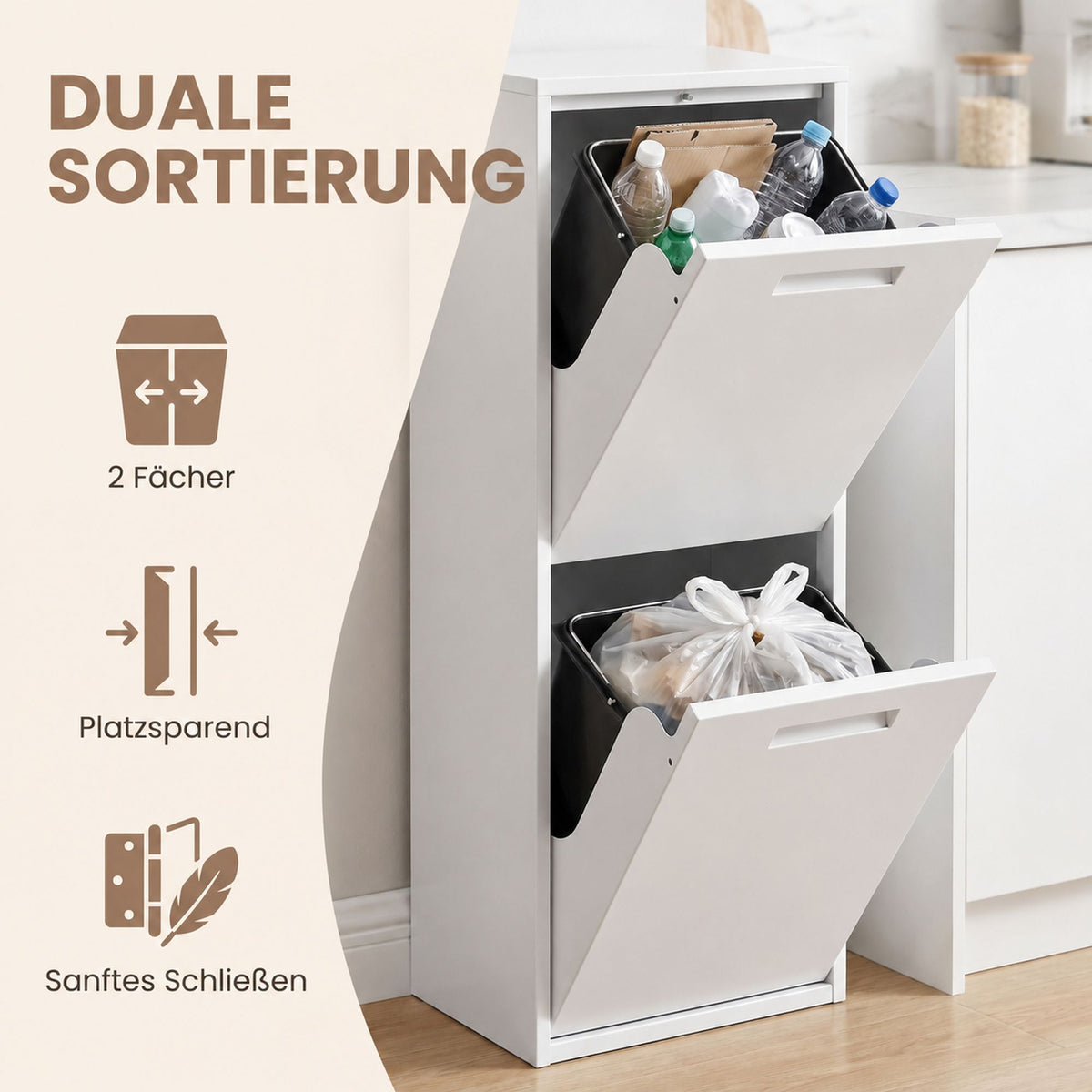 Afvalscheidingssysteem – 2 x 17 L – Geurdicht – Staal – Wit