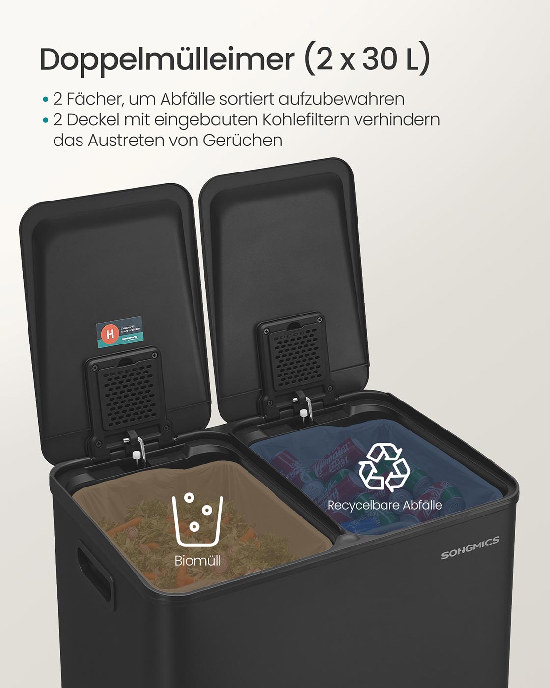 Kökssoptunna – 2 fack – mjukstängande lock – Ink Black