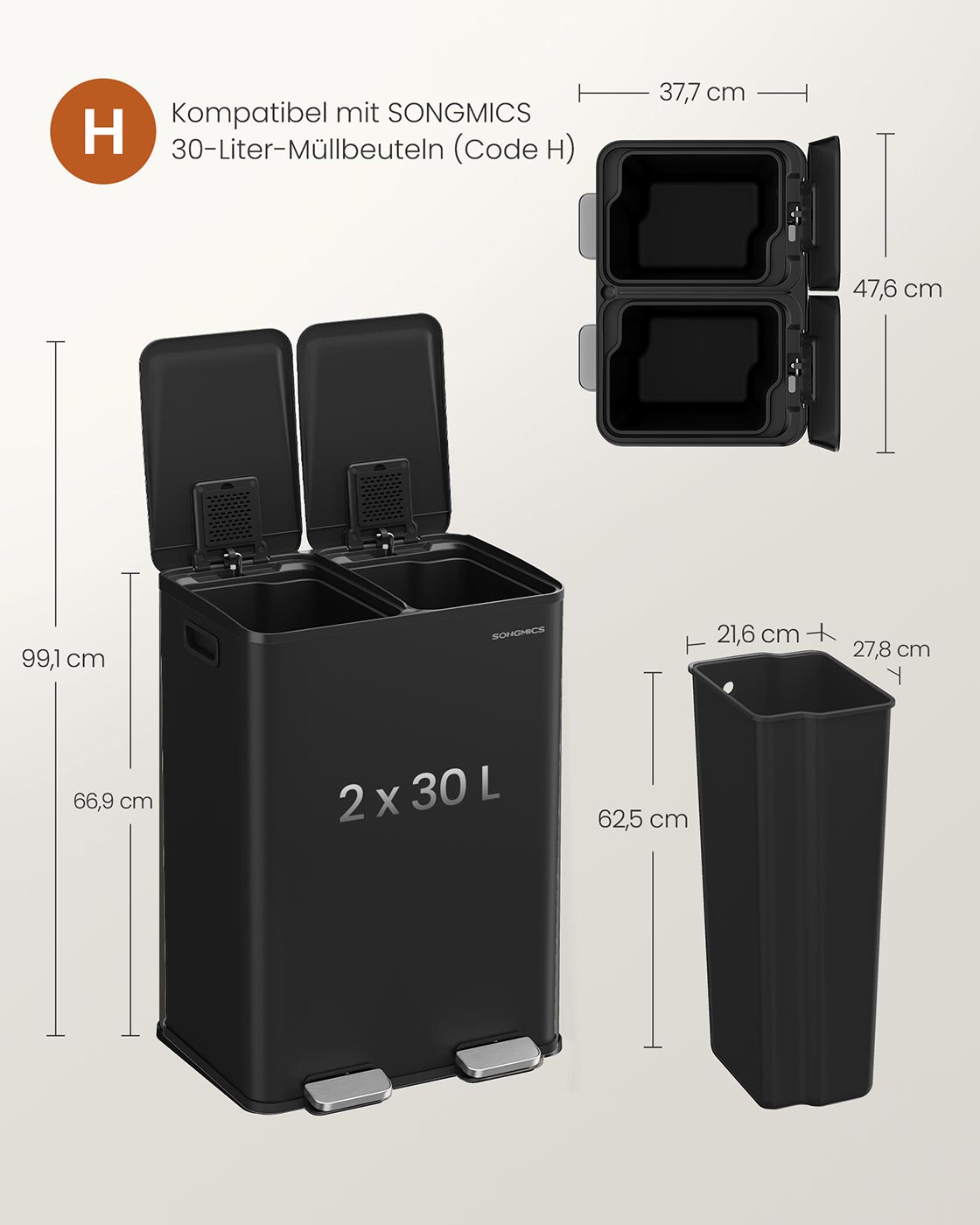Kökssoptunna – 2 fack – mjukstängande lock – Ink Black