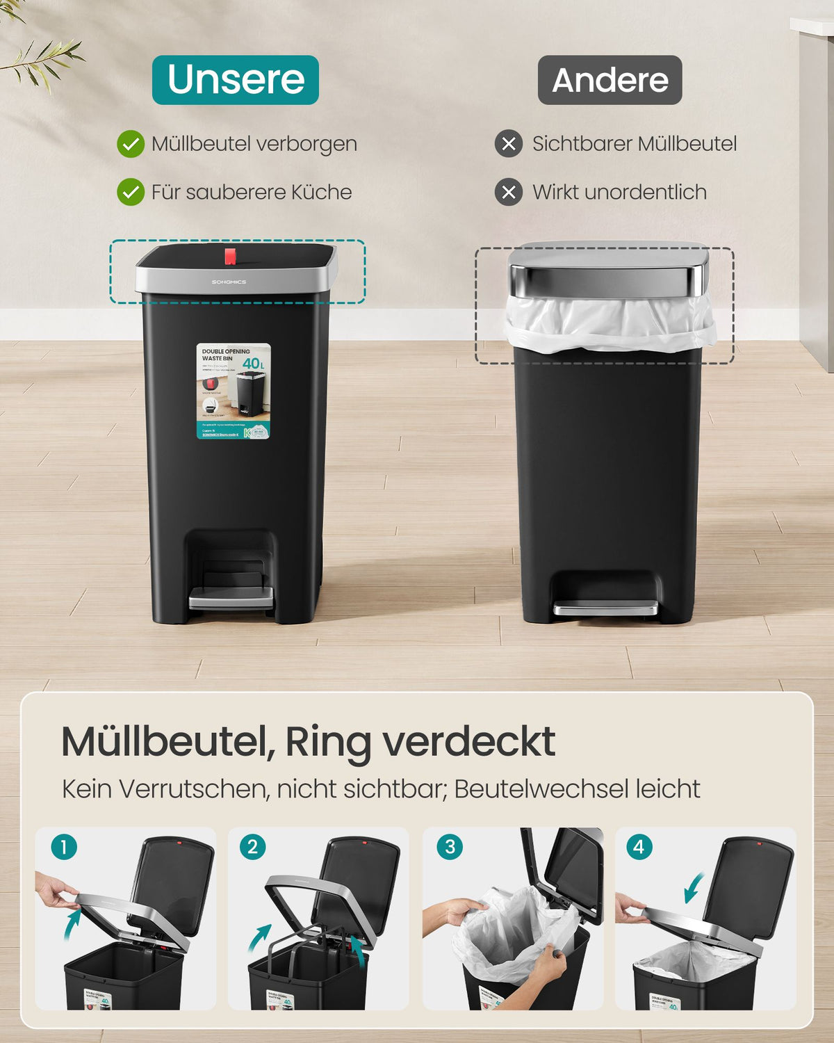 Smalle Keukenprullenbak – 40 L – Pedaal – Verborgen Vuilniszak – Op Wieltjes – Zwart