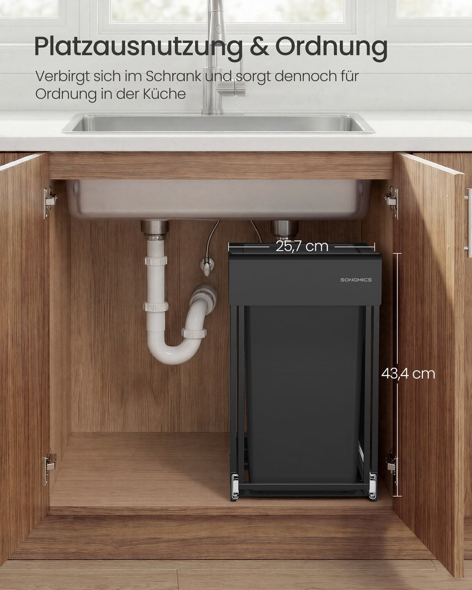 Afvalbak - 34,7 x 25,7 x 43,4 cm - 20 liter - uitschuifbaar - stalen frame - ABS deksel - inktzwart