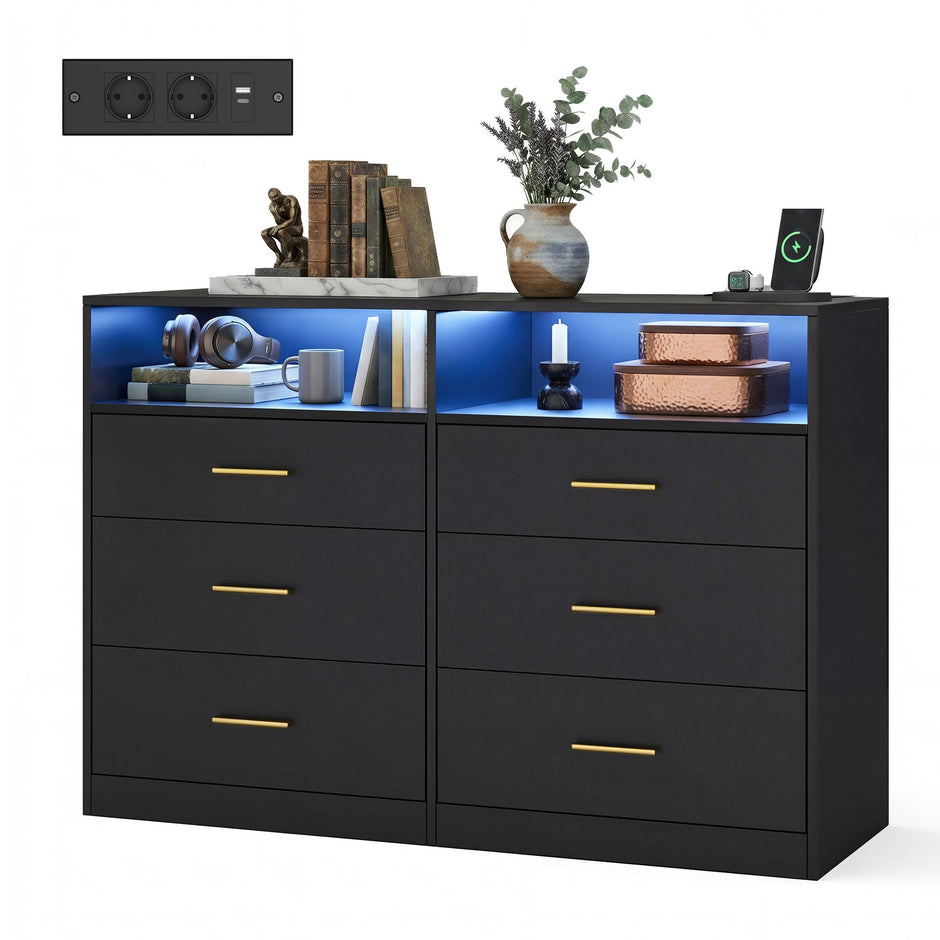 Commode - 6 Lades - Ledverlichting - Met Oplaadstation - Zwart