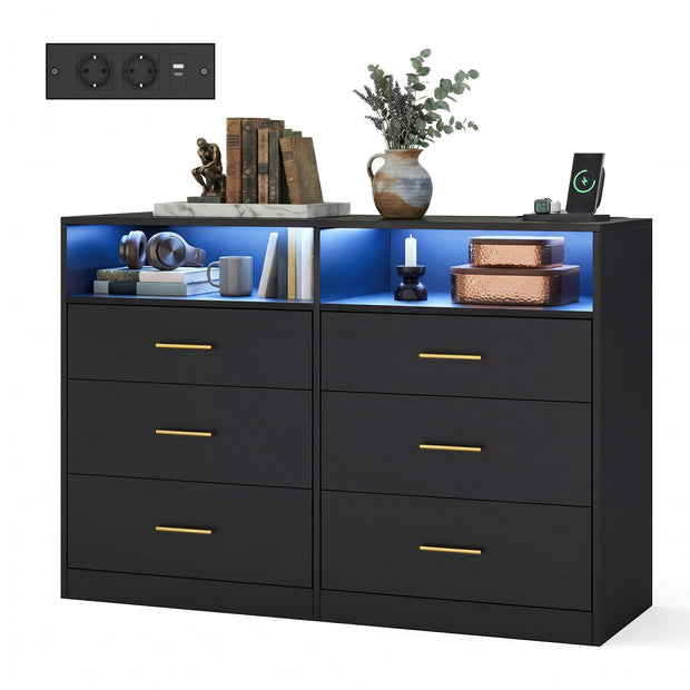 Commode - 6 Lades - Ledverlichting - Met Oplaadstation - Zwart