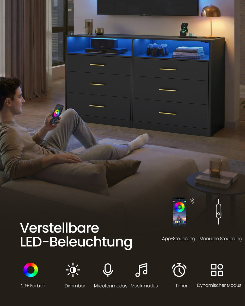 Commode - 40 x 119 x 81,2 cm - met ledverlichting en stekkerdoos - inktzwart - maximaal 75 kg bovenpaneelbelasting - maximaal 10 kg per lade