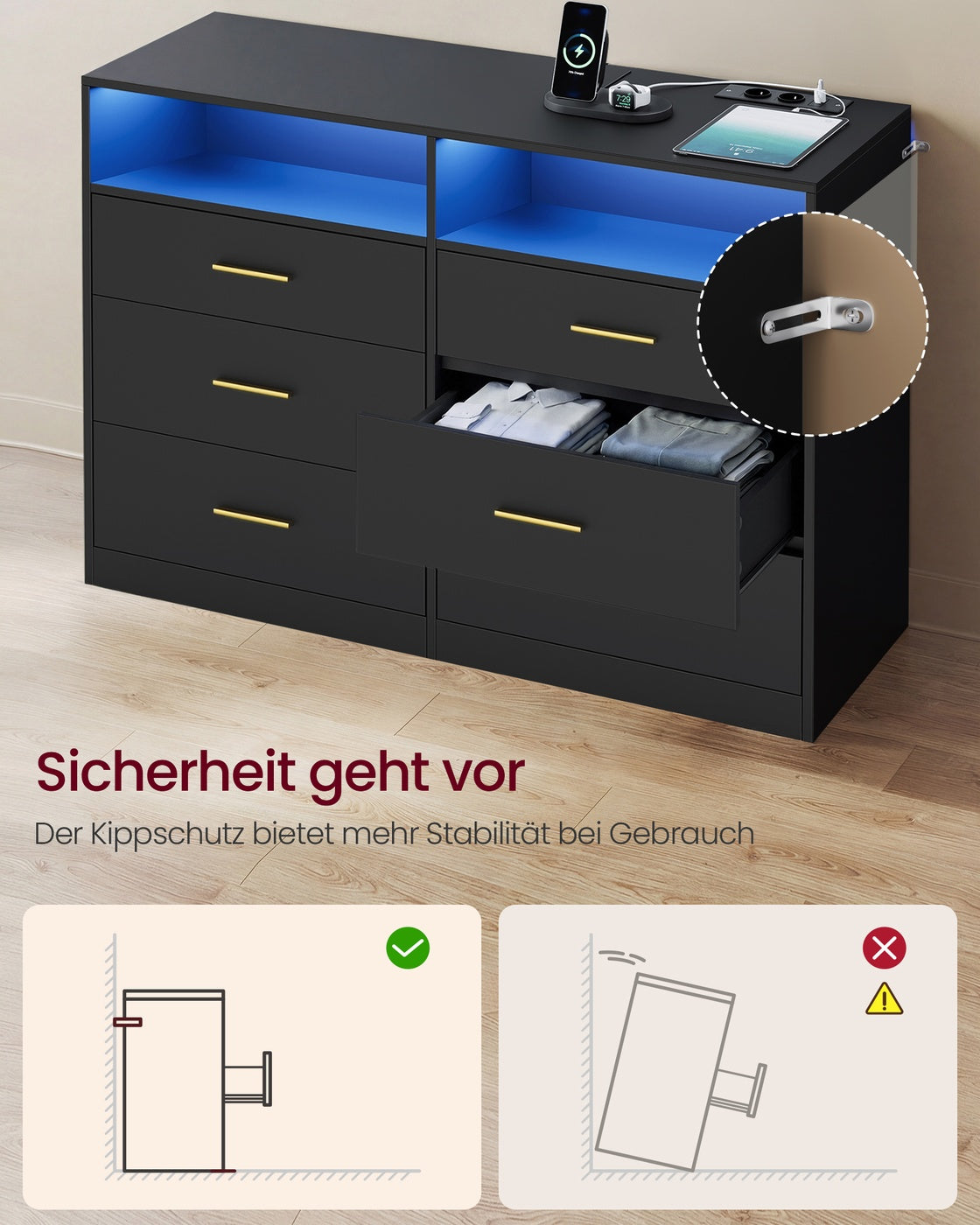 Commode - 40 x 119 x 81,2 cm - met ledverlichting en stekkerdoos - inktzwart - maximaal 75 kg bovenpaneelbelasting - maximaal 10 kg per lade