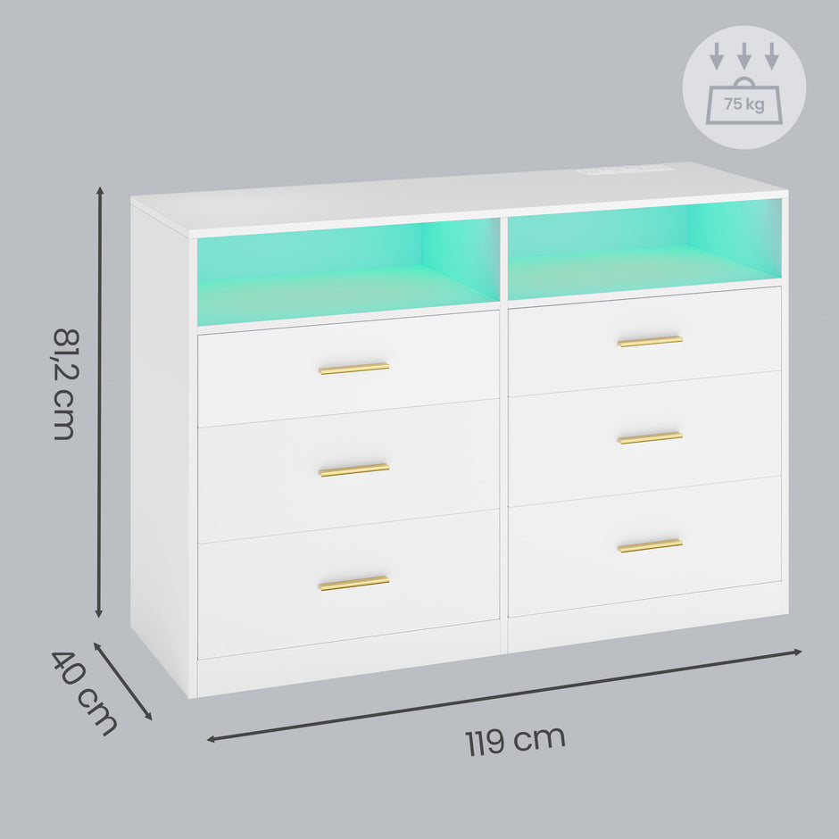 Commode - 6 Lades - Ledverlichting - Met Oplaadstation - Wit