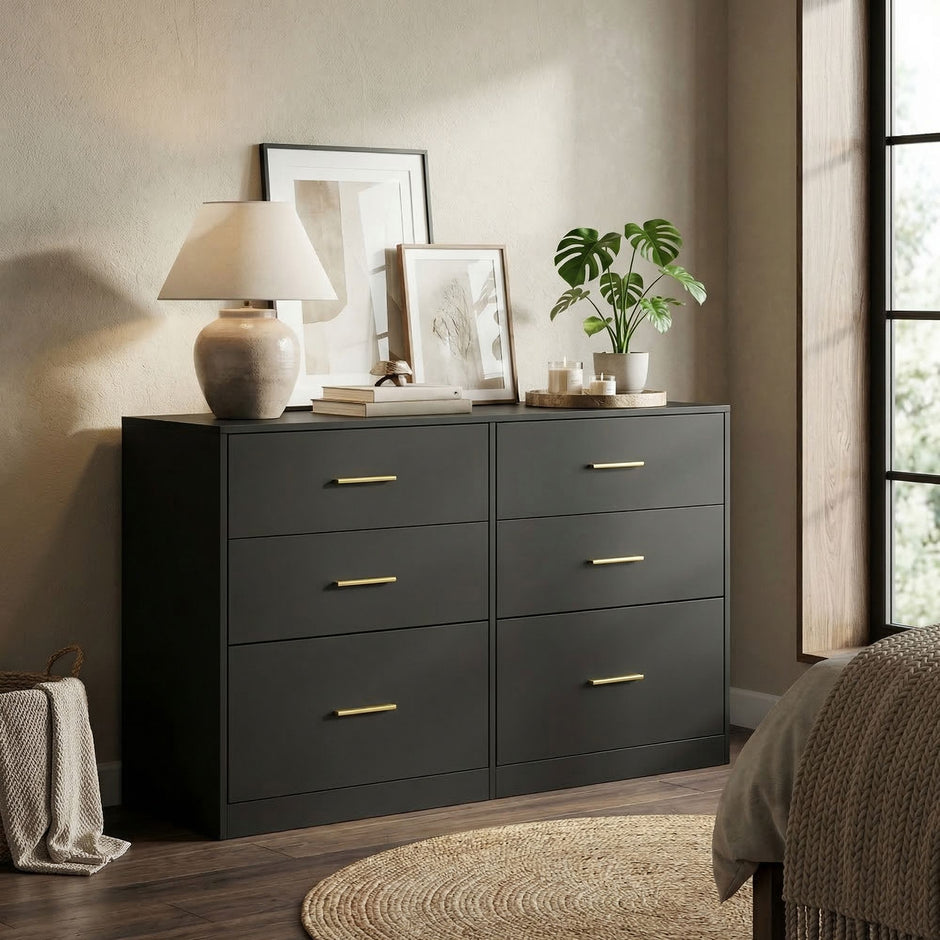 Commode - 6 Lades - Modern - 119 cm Breed - Zwart