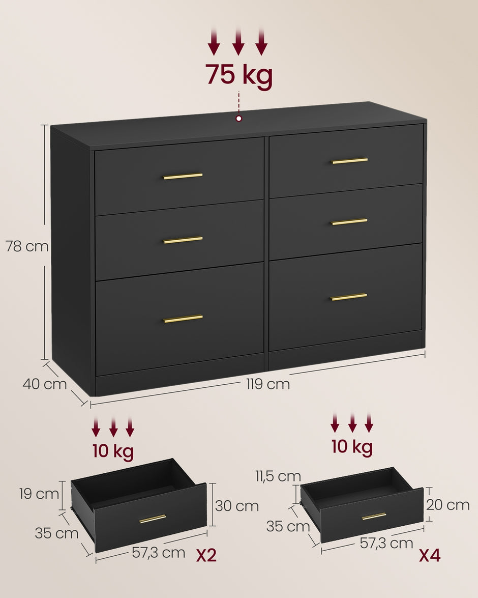 Commode - 40 x 119 x 78 cm - 6 lades - inktzwart - max. belasting bovenpaneel 75 kg - max. belasting per lade 10 kg