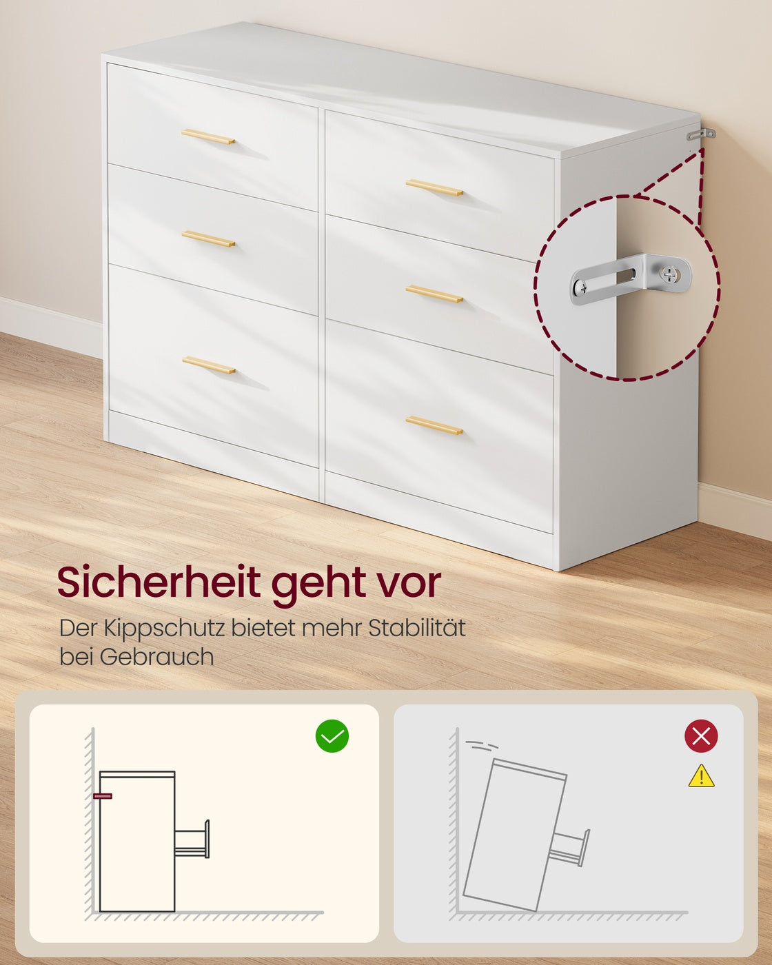 Commode - 40 x 119 x 78 cm - 6 lades - Wolkenwit - Max. lades belastbaarheid 10 kg - Max. bovenpaneel belastbaarheid 75 kg