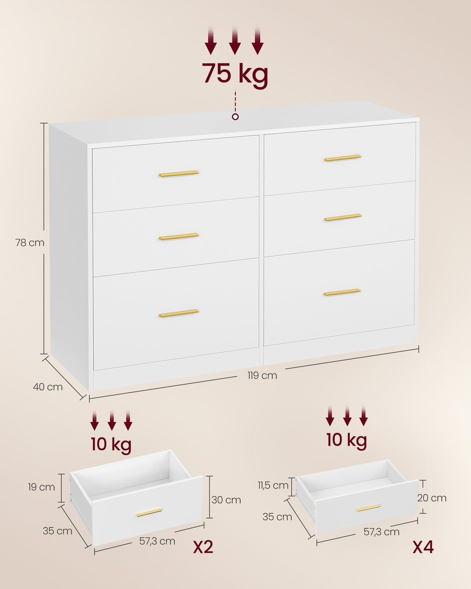 Commode - 40 x 119 x 78 cm - 6 lades - Wolkenwit - Max. lades belastbaarheid 10 kg - Max. bovenpaneel belastbaarheid 75 kg