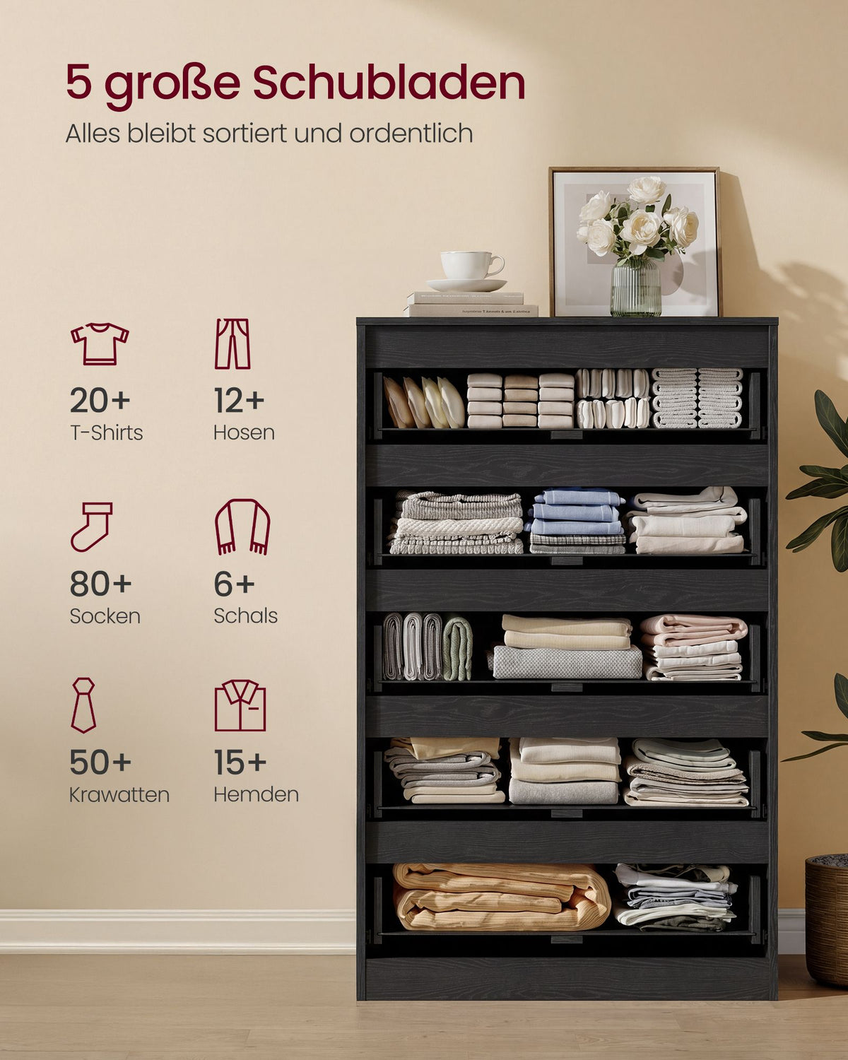Ladekast – 5 Lades – Modern en Minimalistisch – 60 x 40 x 97,4 cm – Ebbenzwart