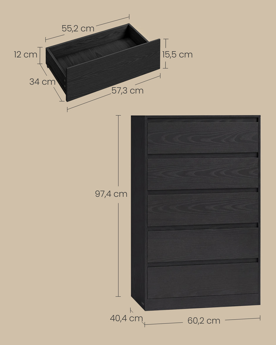 Ladekast – 5 Lades – Modern en Minimalistisch – 60 x 40 x 97,4 cm – Ebbenzwart