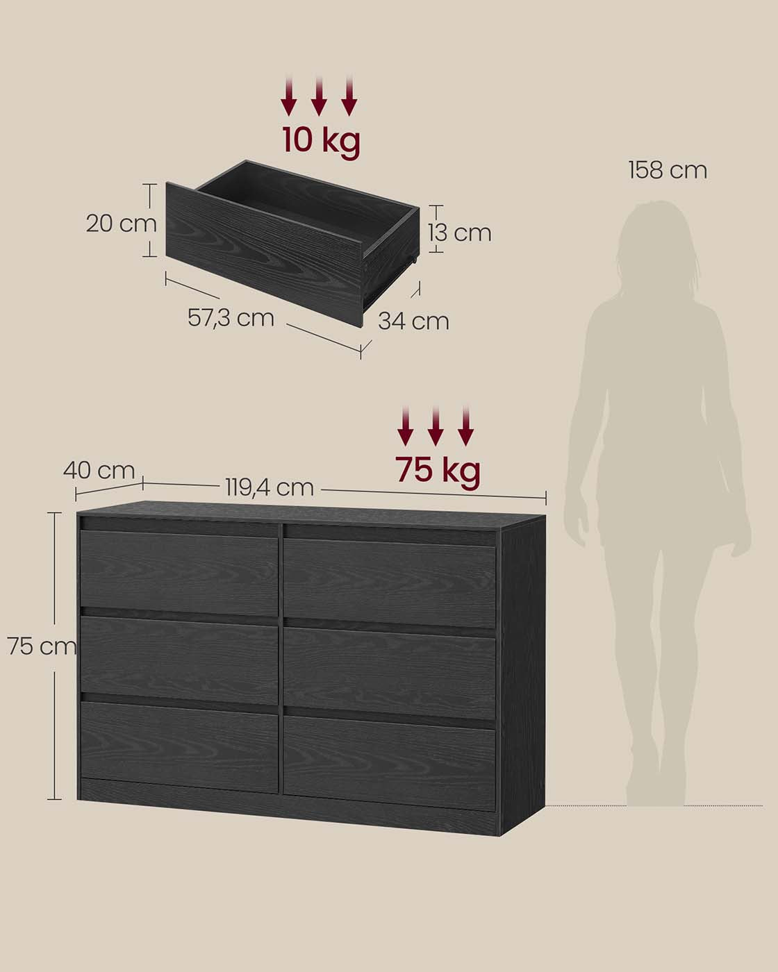 Sovrumsskåp - 6 lådor - Trä - Sovrum