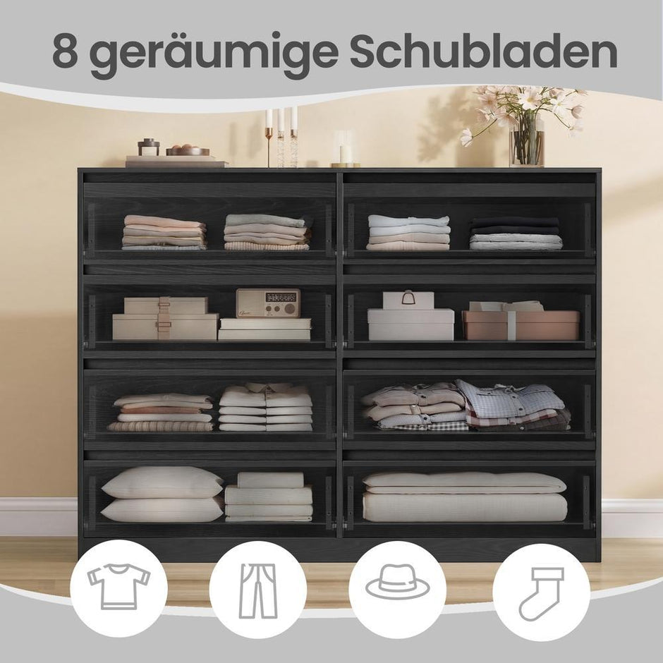 Commode - 8 Lades - Modern - 119 cm Breed - Ebbenzwart